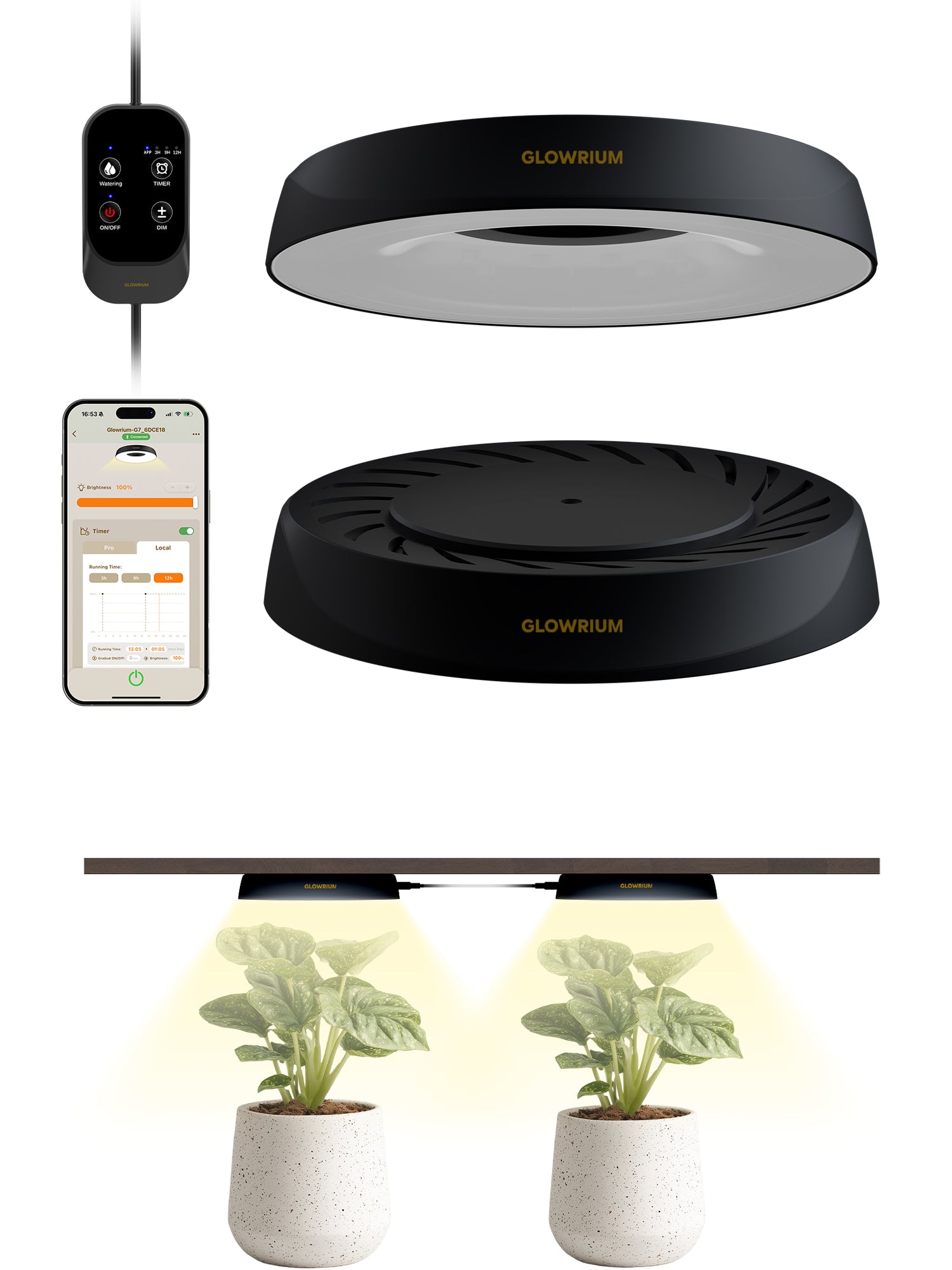 GLOWRIUM LED Grow Light for Indoor Plants – Smart Full Spectrum, Auto Timer, Stepless Dimming, Watering Reminder, Modular Design Plant Assistant