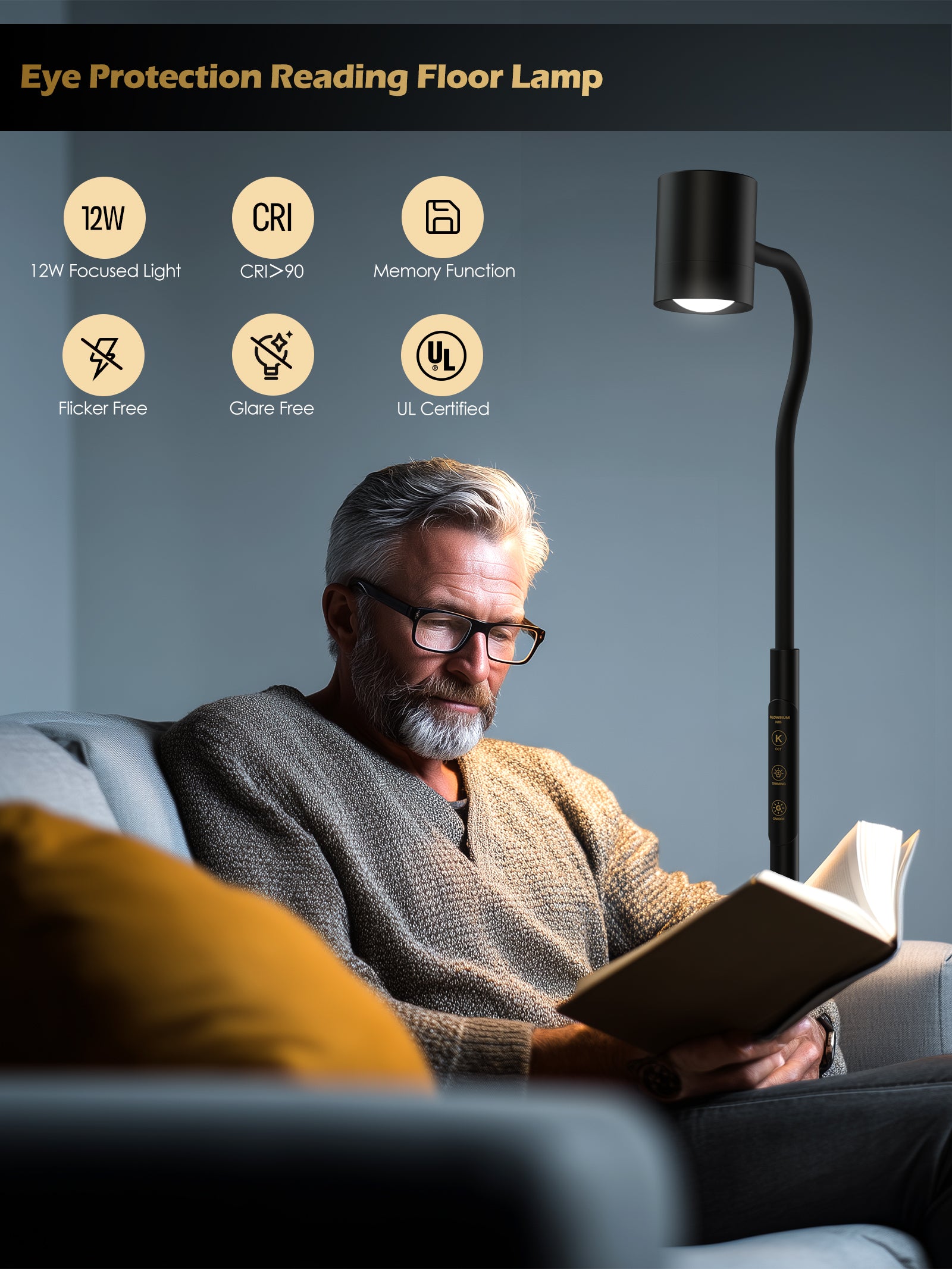 GLOWRIUM 12W LED Reading Floor Lamp H2B – 62" Tall, Dimmable Brightness &amp; Color Temperature, Adjustable Gooseneck Touch Control, Suitable for Living Room, Bedroom, and Home Office