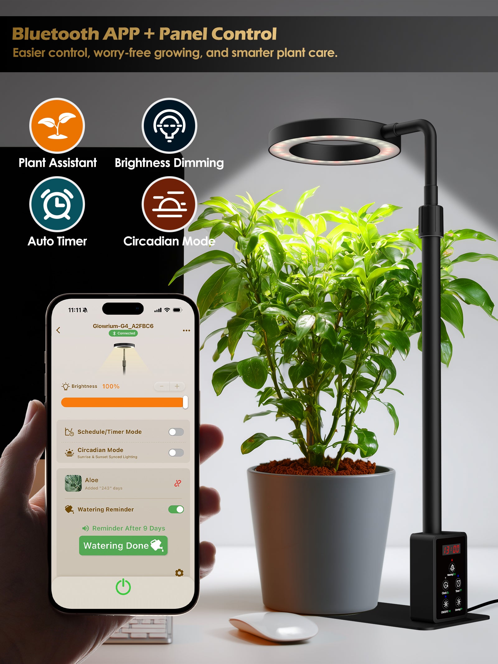 GLOWRIUM Smart Grow Light – Full-Spectrum Indoor Plant Lamp with App Control, Adjustable Height, Plant Care Assistant &amp; Dual Timer-G4