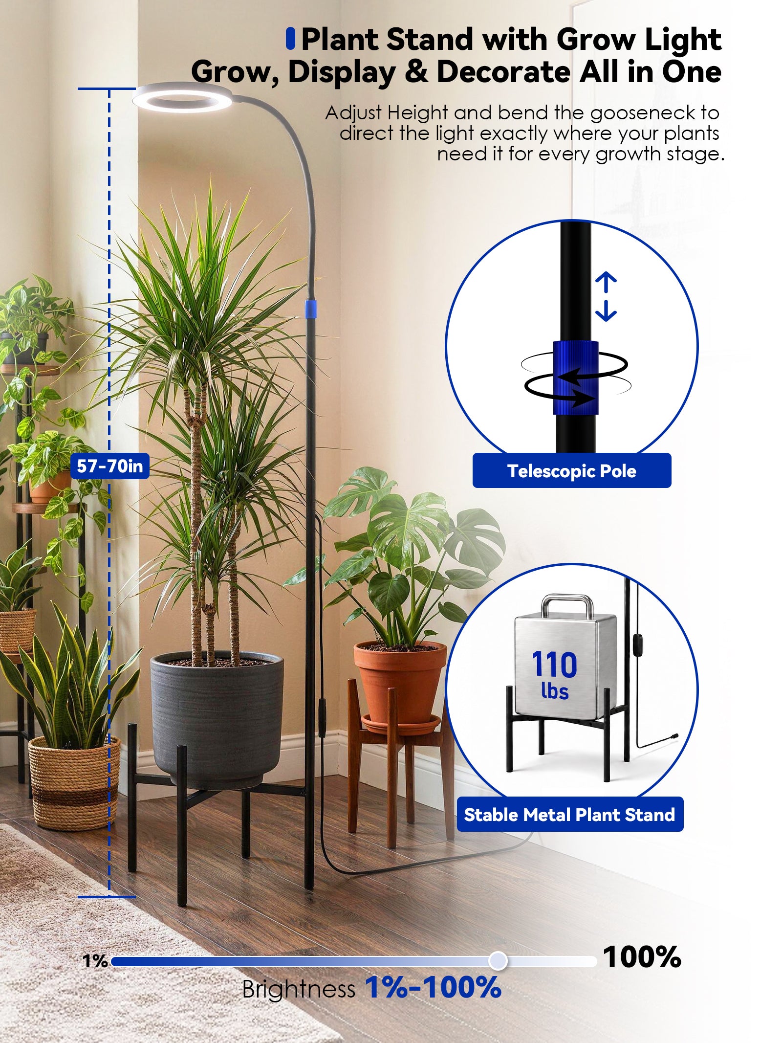 GLOWRIUM® G11 Plant Stand with Grow Light, 24W Full Spectrum Indoor Plant Light, Adjustable Height Metal Plant Shelf, Dimmable Floor Growing Lamp with App &amp; Timer Control for Home Decor