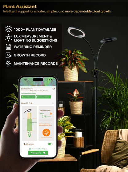 Smart Floor LED Grow Light 48W G5 – Dual-Head Full Spectrum, Adjustable Height, Stepless Dimming, Auto-Timer for Most Indoor Plants