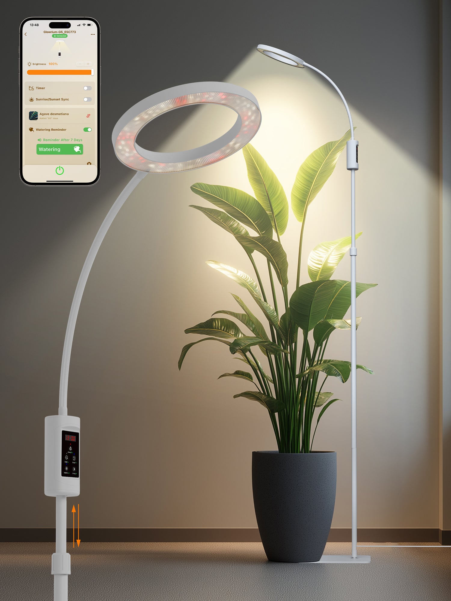 Smart Floor LED Grow Light 48W G5 – Dual-Head Full Spectrum, Adjustable Height, Stepless Dimming, Auto-Timer for Most Indoor Plants
