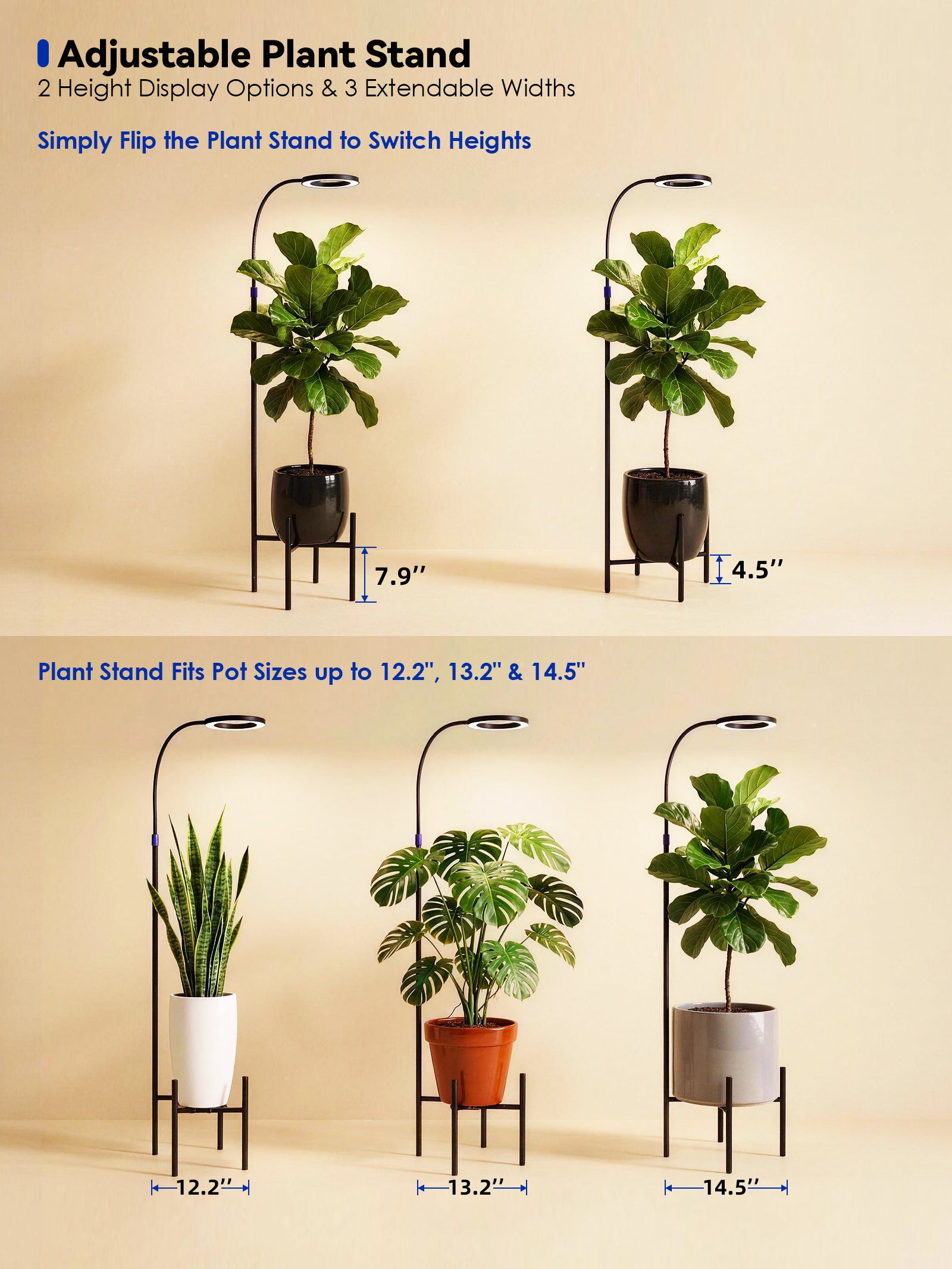 GLOWRIUM® G11 Plant Stand with Grow Light, 24W Full Spectrum Indoor Plant Light, Adjustable Height Metal Plant Shelf, Dimmable Floor Growing Lamp with App &amp; Timer Control for Home Decor