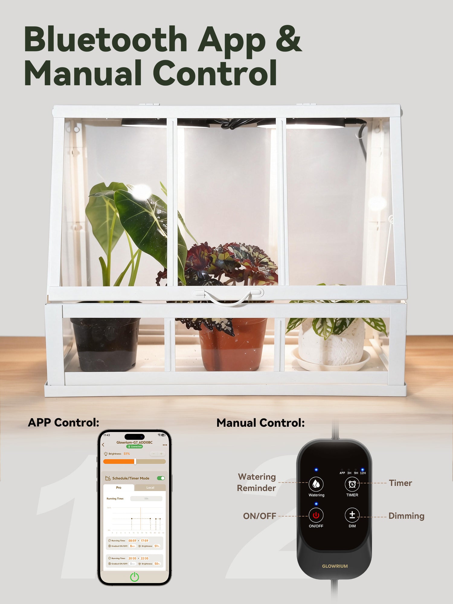 Glowrium G7 Bluetooth app and manual controller operating smart LED puck grow lights installed under-cabinet inside an IKEA indoor plant greenhouse cabin