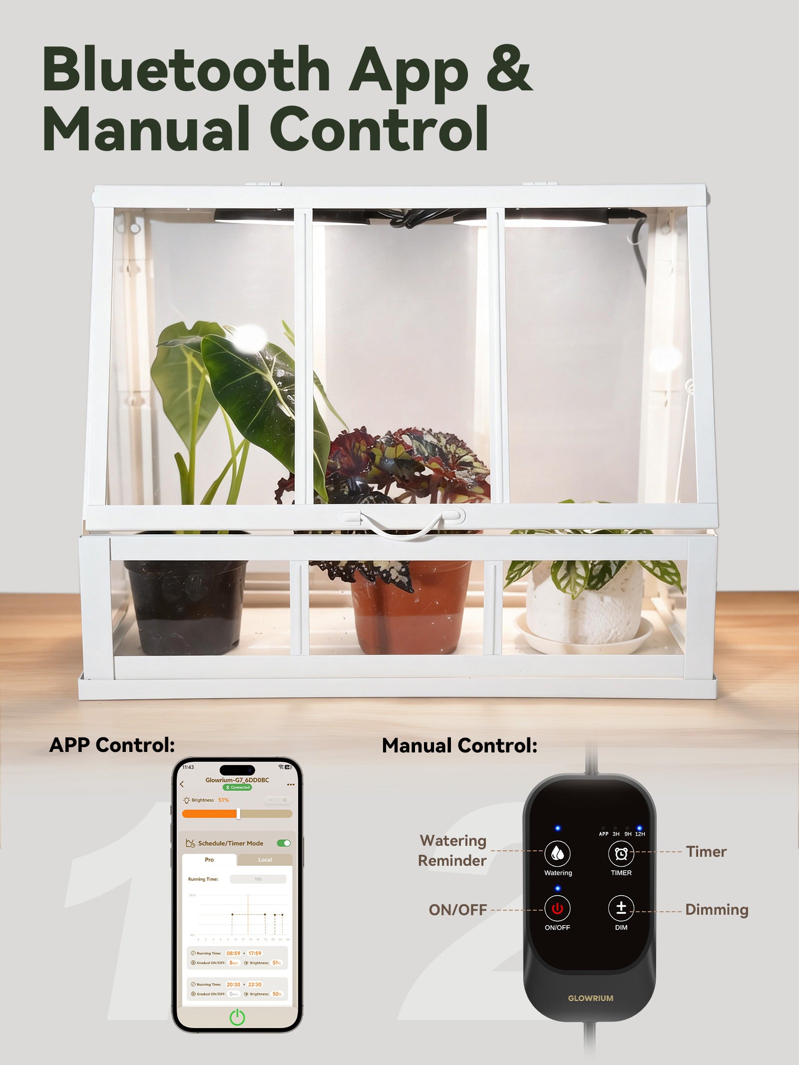 Glowrium G7 Bluetooth app and manual controller operating smart LED puck grow lights installed under-cabinet inside an IKEA indoor plant greenhouse cabin