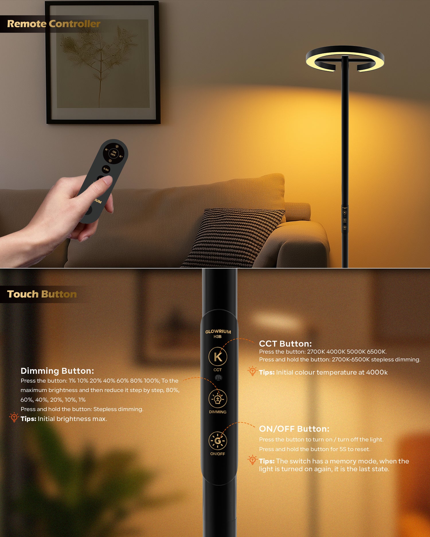 GLOWRIUM-H3B Floor Lamp with Remote 2700K-6500K for Living Room Bedroom Office