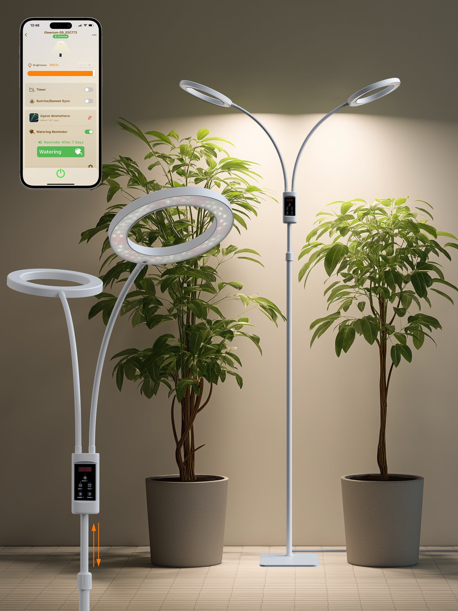Smart Floor LED Grow Light 48W G5 – Dual-Head Full Spectrum, Adjustable Height, Stepless Dimming, Auto-Timer for Most Indoor Plants