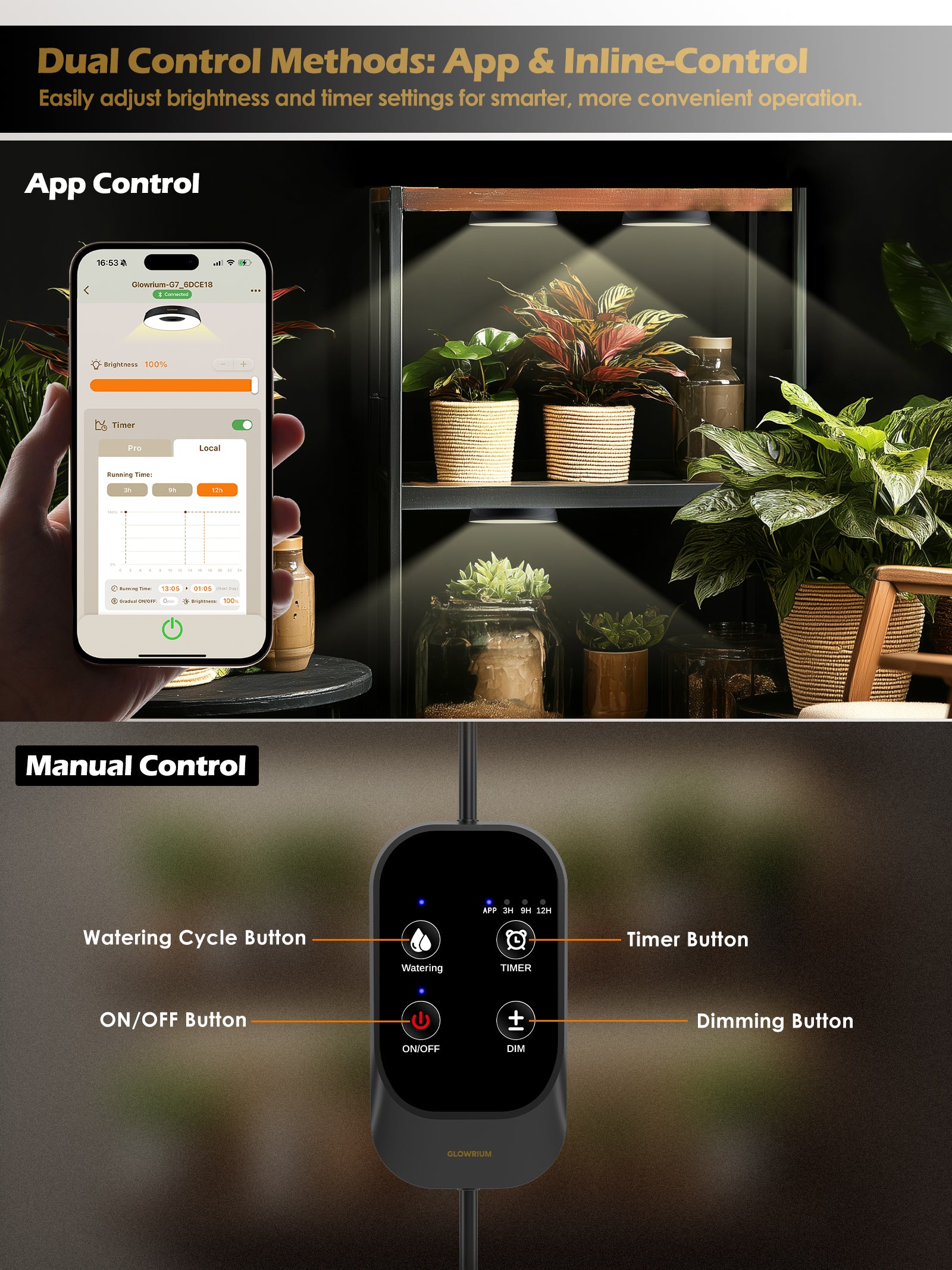 GLOWRIUM LED Grow Light for Indoor Plants – Smart Full Spectrum, Auto Timer, Stepless Dimming, Watering Reminder, Modular Design Plant Assistant-G7