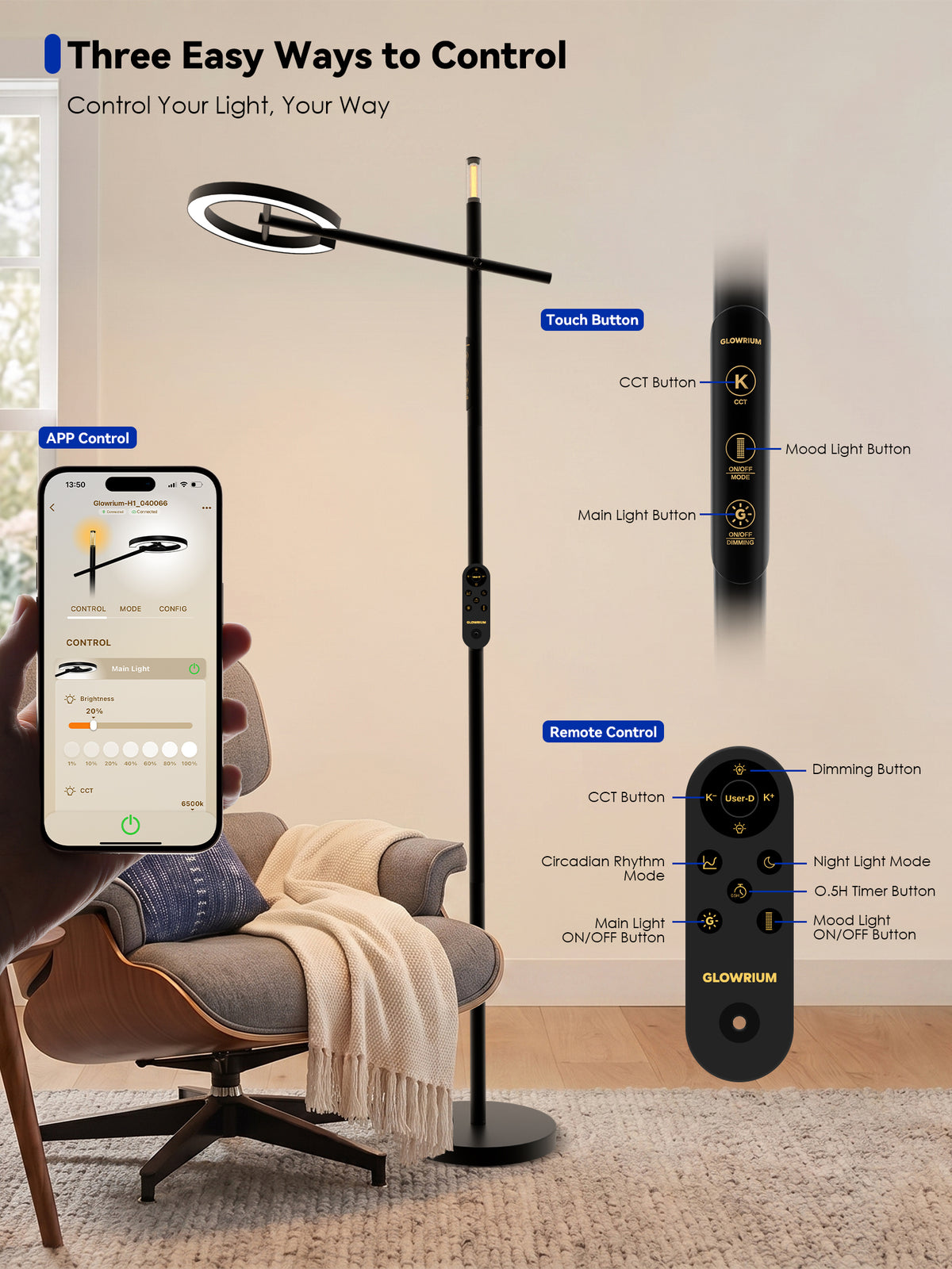 GLOWRIUM® H1 Smart Home Floor Lamp with APP Control &amp; Stepless Dimmable