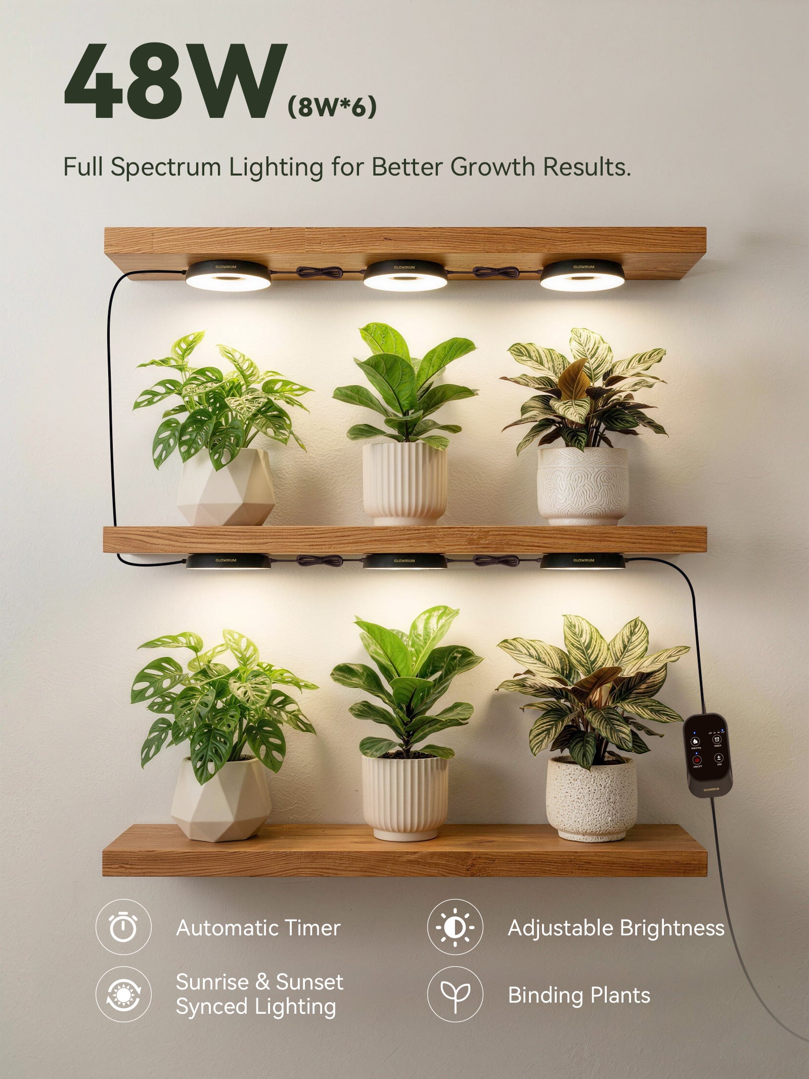Glowrium G7 48W puck lights mounted under floating wooden shelves illuminating potted indoor foliage plants with app-controlled auto timers