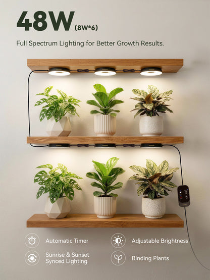 Glowrium G7 48W puck lights mounted under floating wooden shelves illuminating potted indoor foliage plants with app-controlled auto timers
