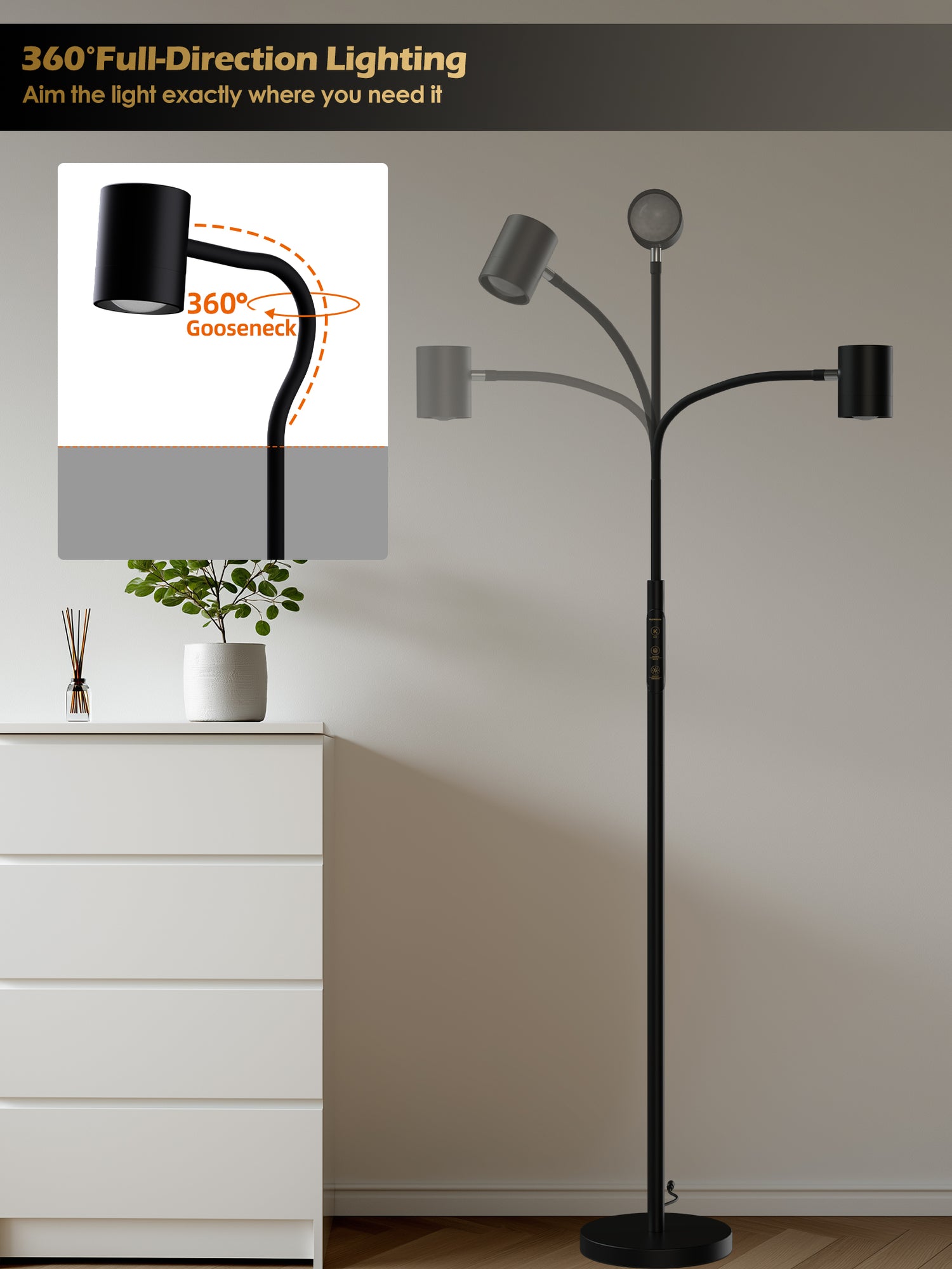GLOWRIUM 12W LED Reading Floor Lamp H2B – 62" Tall, Dimmable Brightness &amp; Color Temperature, Adjustable Gooseneck Touch Control, Suitable for Living Room, Bedroom, and Home Office