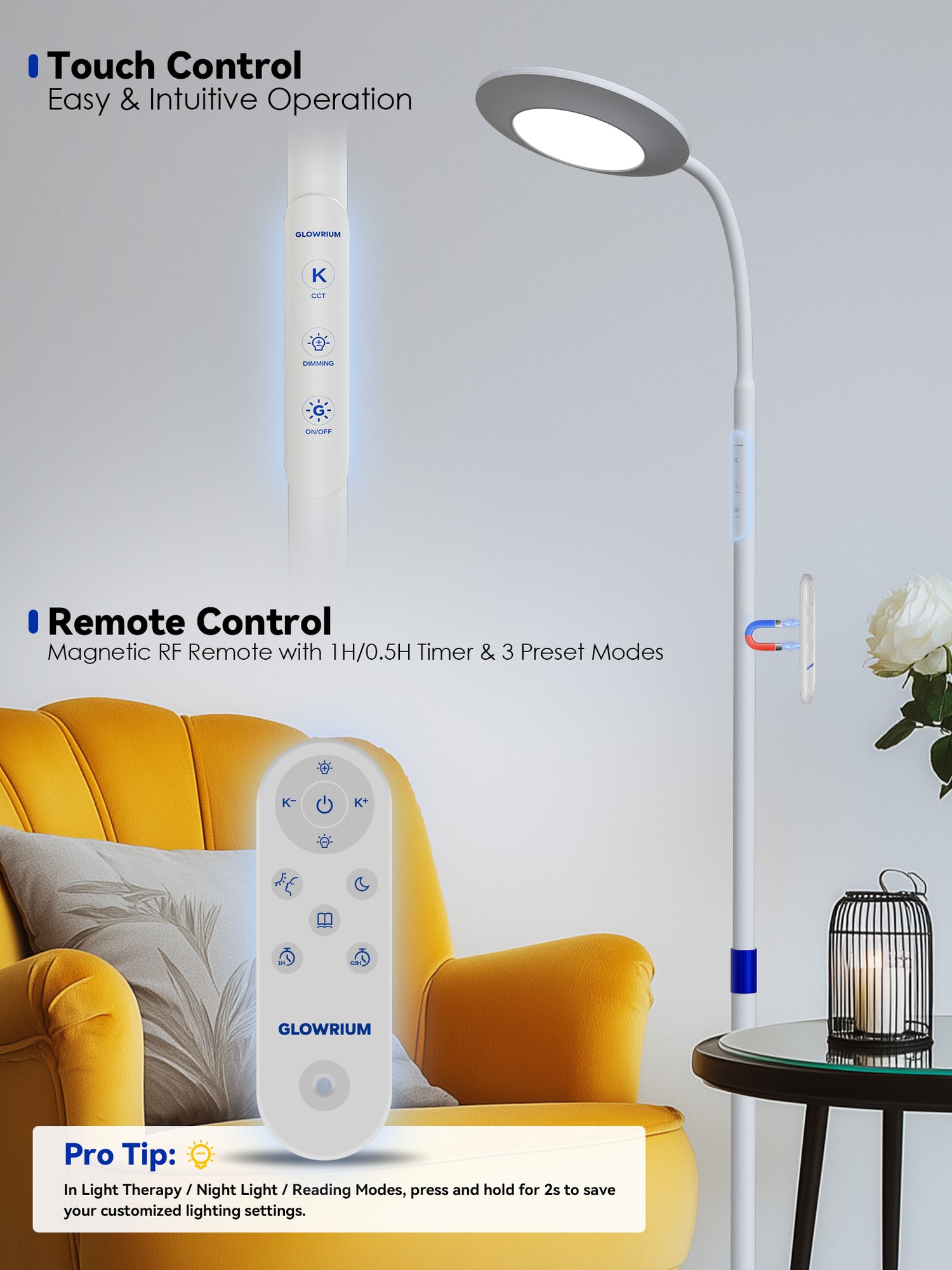 GLOWRIUM Light Therapy Floor Lamp H6 – 48,000 Lux UV-Free Full Spectrum Sunlight Lamp with Remote &amp; Touch Control