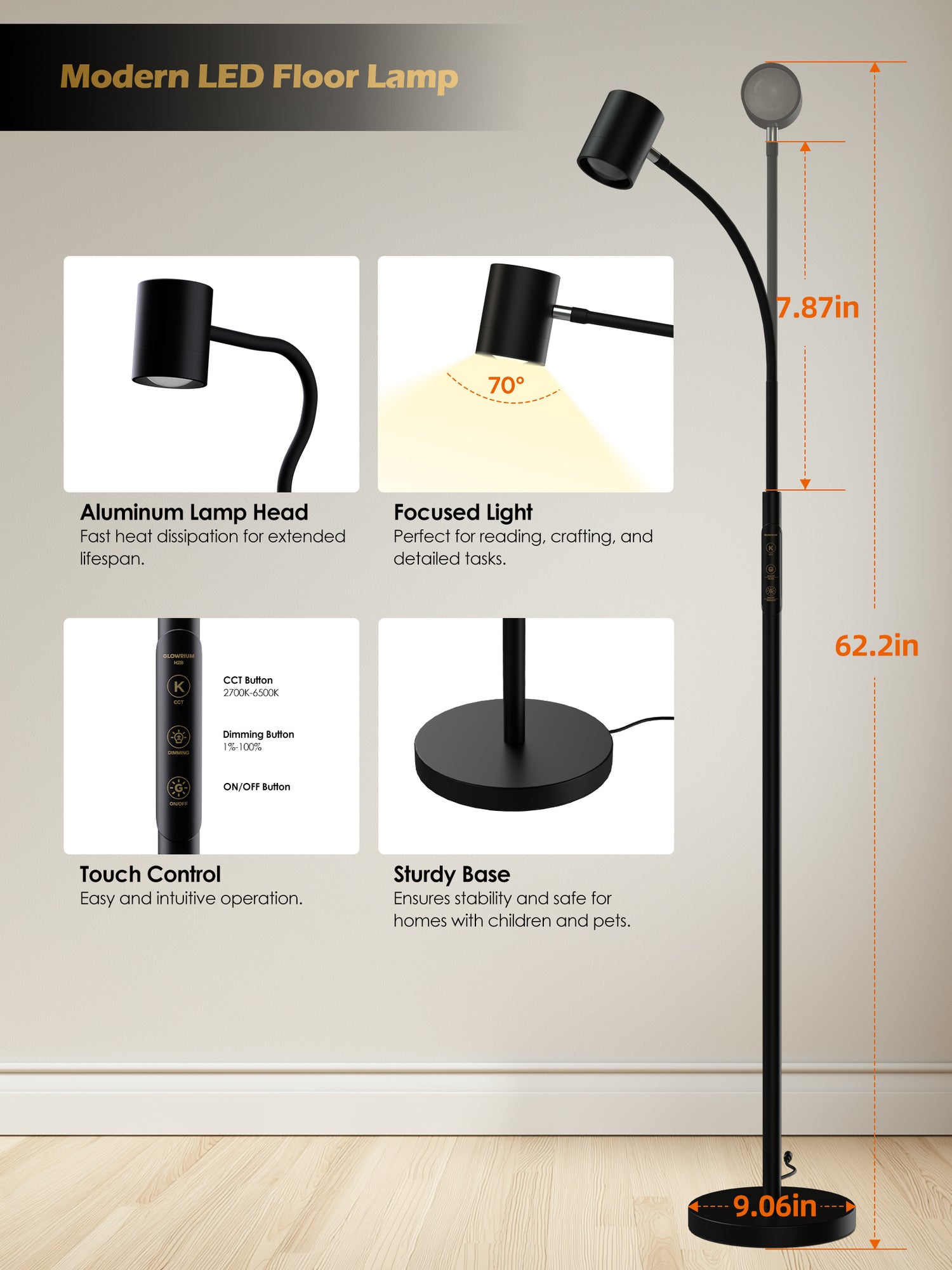 GLOWRIUM 12W LED Reading Floor Lamp H2B – 62" Tall, Dimmable Brightness &amp; Color Temperature, Adjustable Gooseneck Touch Control, Suitable for Living Room, Bedroom, and Home Office