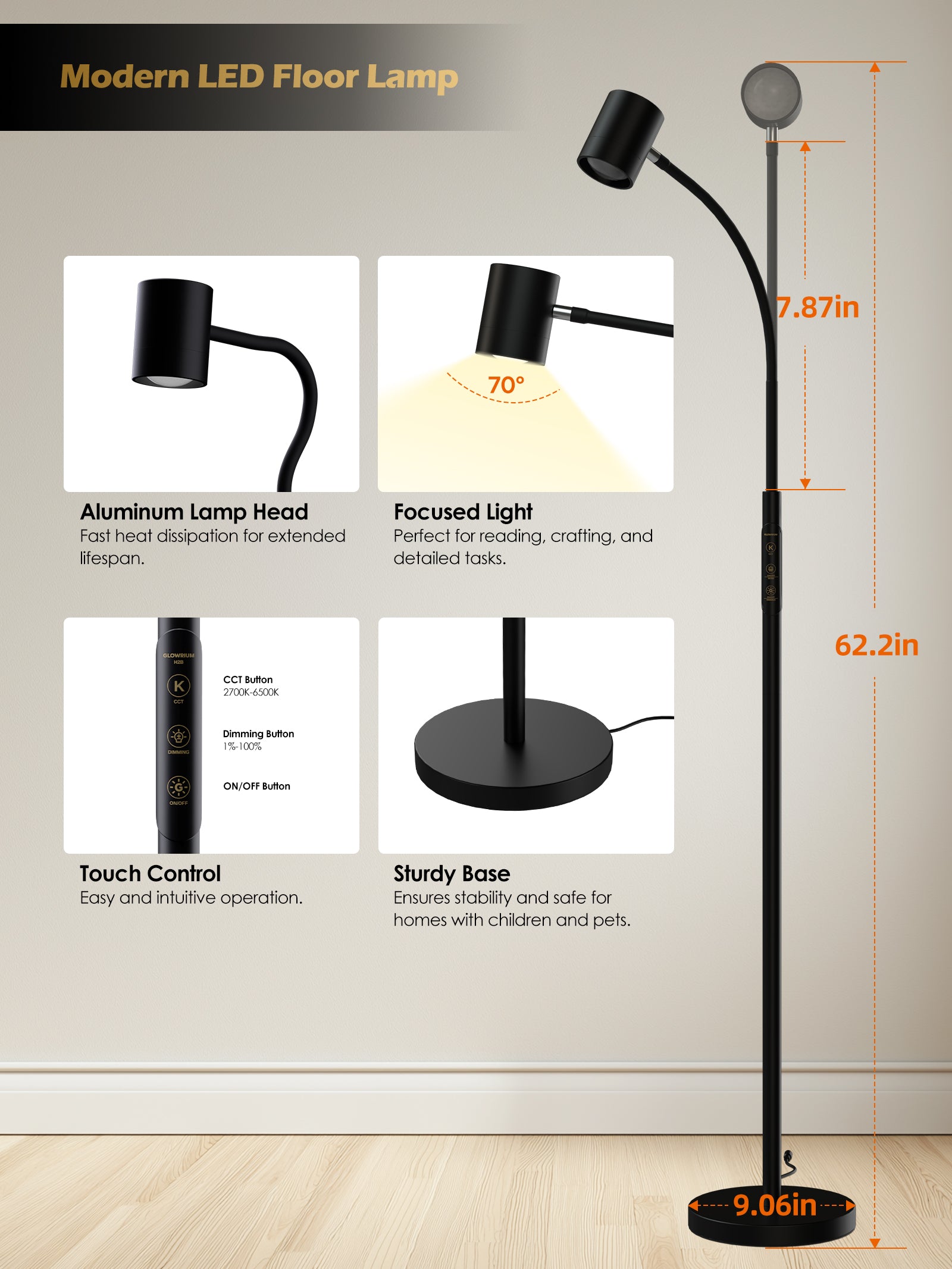 GLOWRIUM 12W LED Reading Floor Lamp H2B – 62" Tall, Dimmable Brightness &amp; Color Temperature, Adjustable Gooseneck Touch Control, Suitable for Living Room, Bedroom, and Home Office
