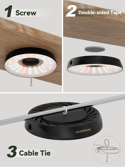 Glowrium G7 smart puck grow light installation guide illustrating three mounting options including screw hardware, double-sided adhesive tape, and plastic cable ties