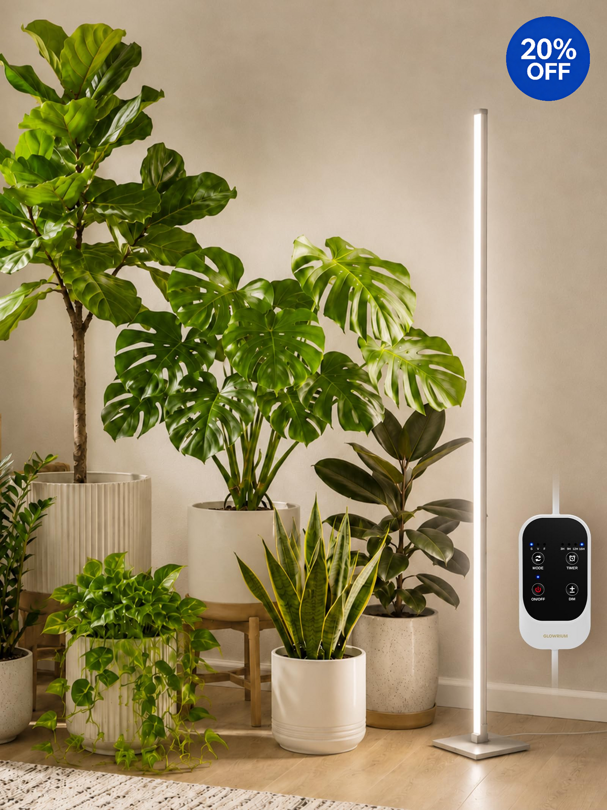 GLOWRIUM® G3 Silver 36W (60 in) Grow Lights - Full Spectrum, Hanging and Standing, Auto Timer, Wide Area Coverage for Indoor Plants