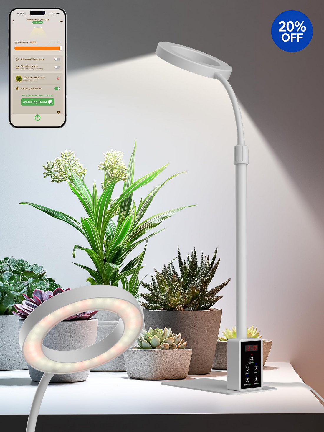 GLOWRIUM® G4 12W Smart LED Grow Light - Full Spectrum Indoor Plant Lamp with App Control, Adjustable Height, Dual Timer, Plant Care Assistant