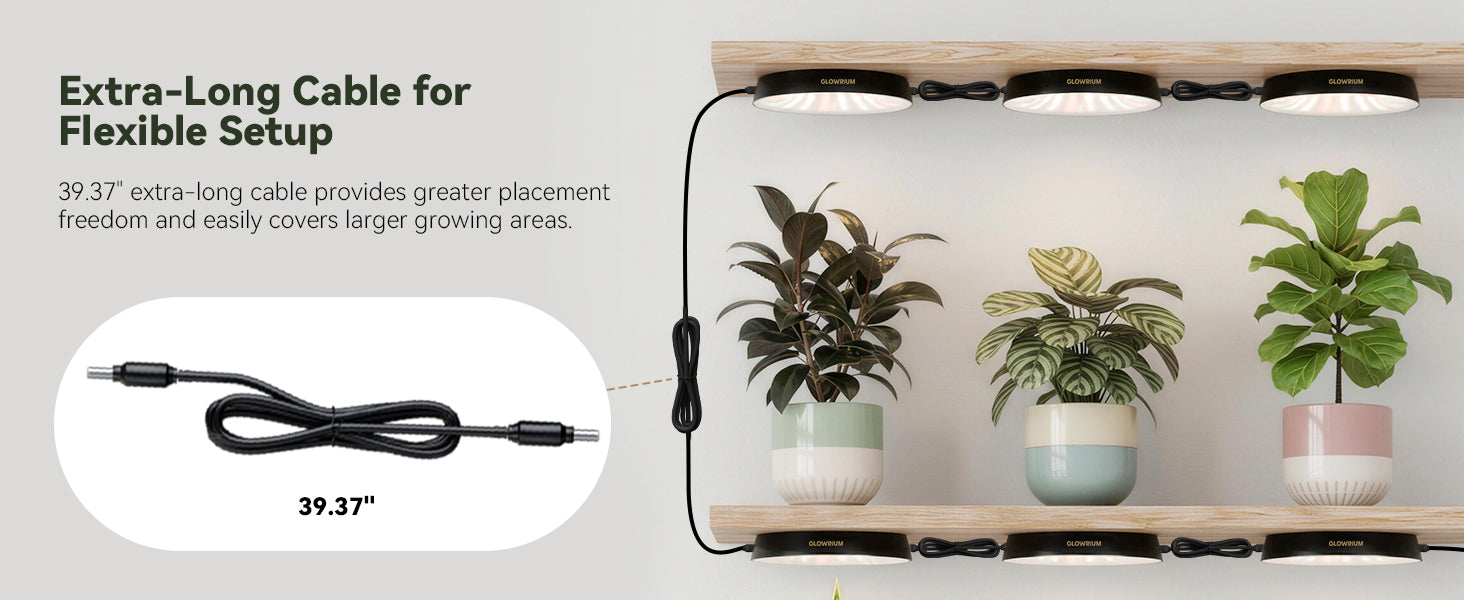 Glowrium G7 smart grow light setup showcasing extension cables used to bridge interconnected puck light fixtures between different shelf tiers
