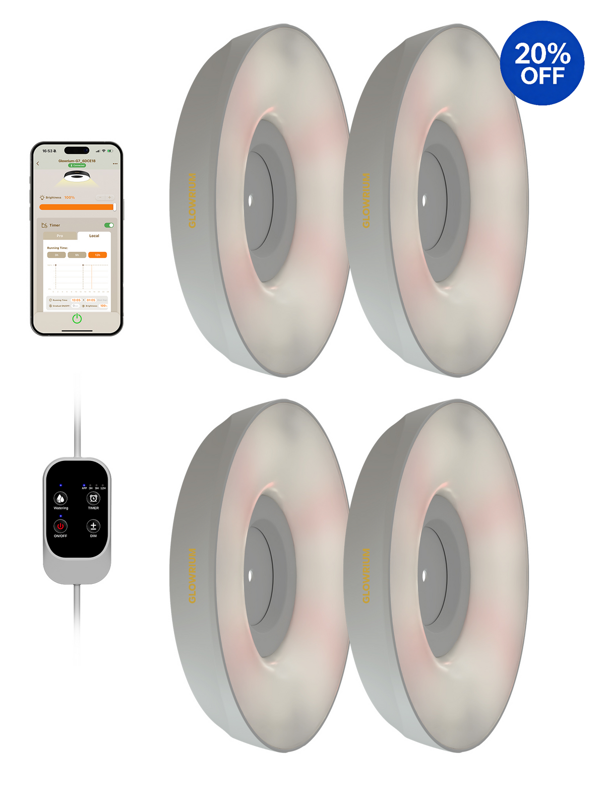 GLOWRIUM® G7 Smart LED Pflanzenlampe für Zimmerpflanzen – Vollspektrum, Auto-Timer, Stufenloses Dimmen, Gieß-Erinnerung, Modulares Design, Pflanzen-Assistent