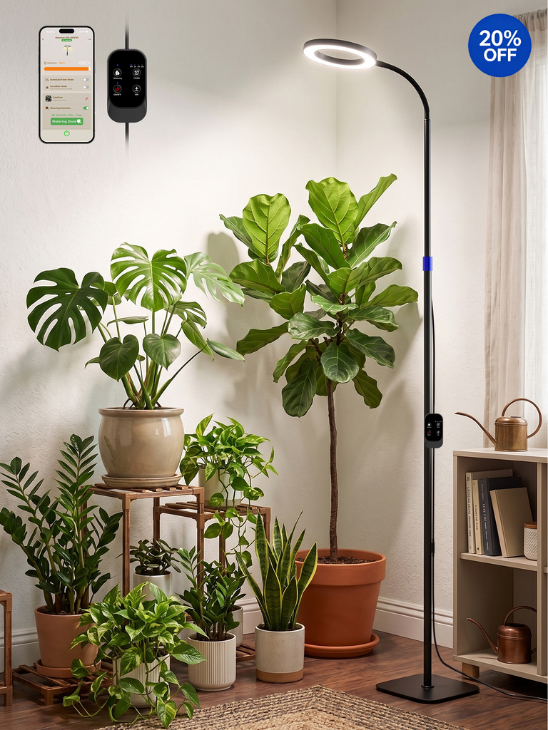 GLOWRIUM® G10 Smarte Pflanzenlampe für Zimmerpflanzen, Vollspektrum Standleuchte mit App-Steuerung, Auto-Timer, Teleskop-Verstellung für große Pflanzen