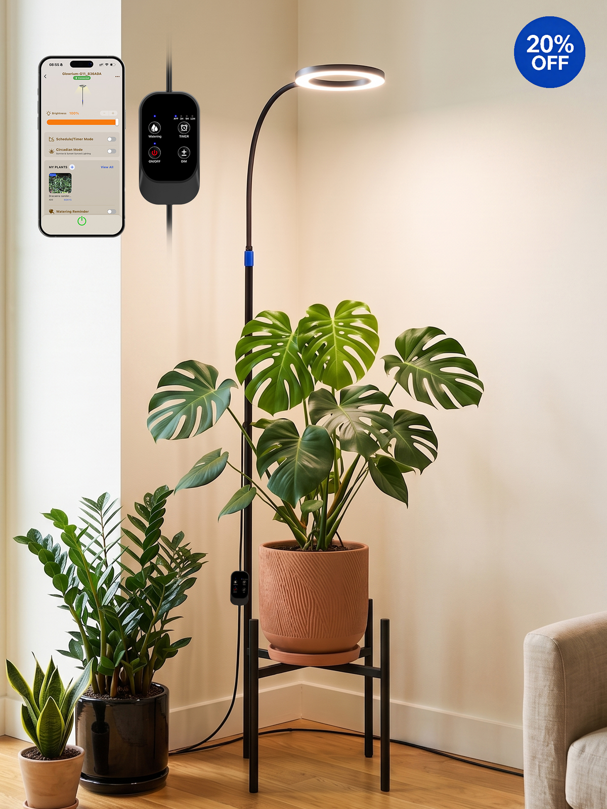 GLOWRIUM® G11 Plant Stand with Grow Light, 24W Full Spectrum Indoor Plant Light, Adjustable Height Metal Plant Shelf, Dimmable Floor Growing Lamp with App &amp; Timer Control for Home Decor
