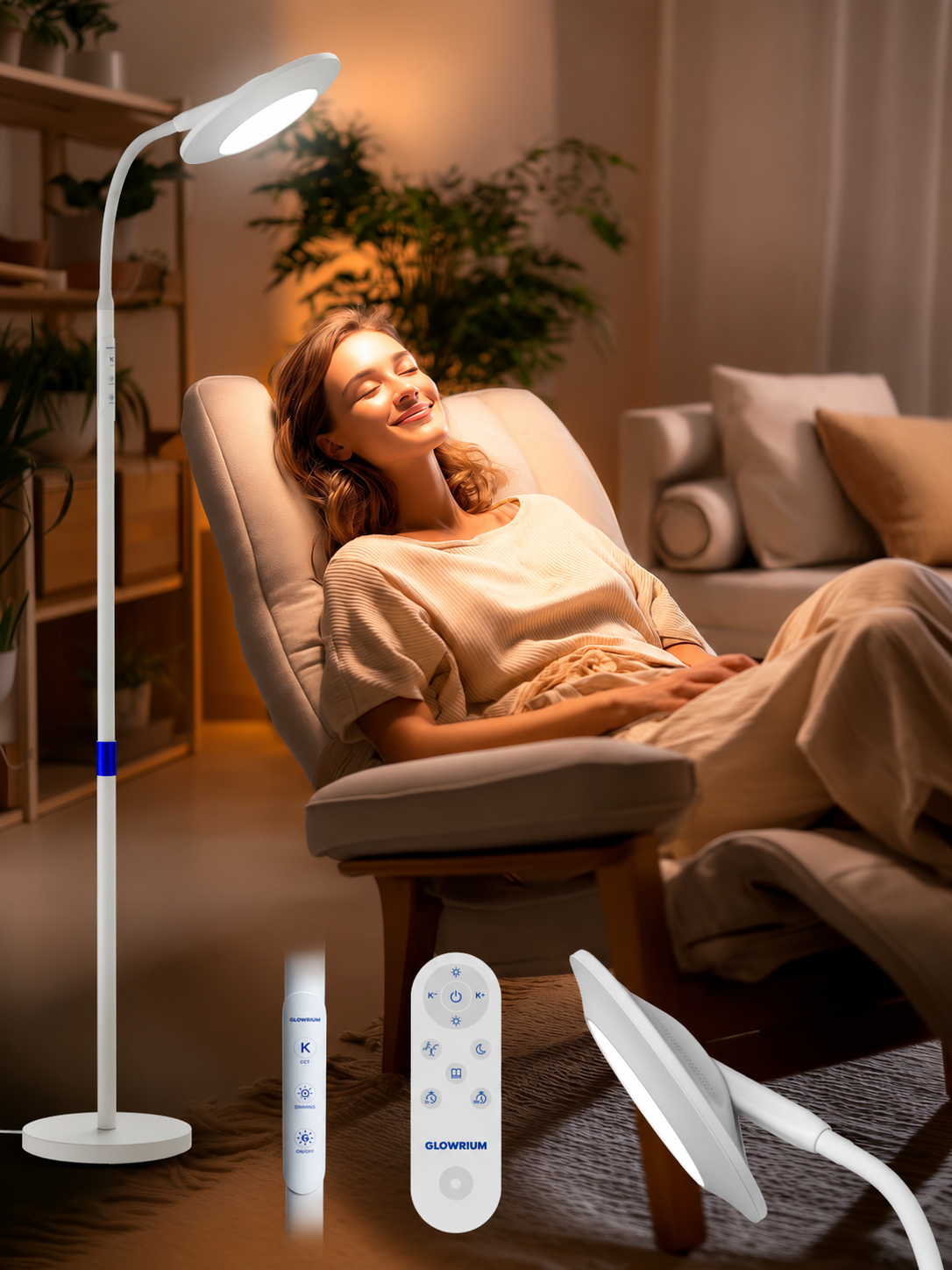 GLOWRIUM® H6 Light Therapy Floor Lamp - 48,000 Lux UV-Free Full Spectrum Sunlight Lamp with Remote &amp; Touch Control