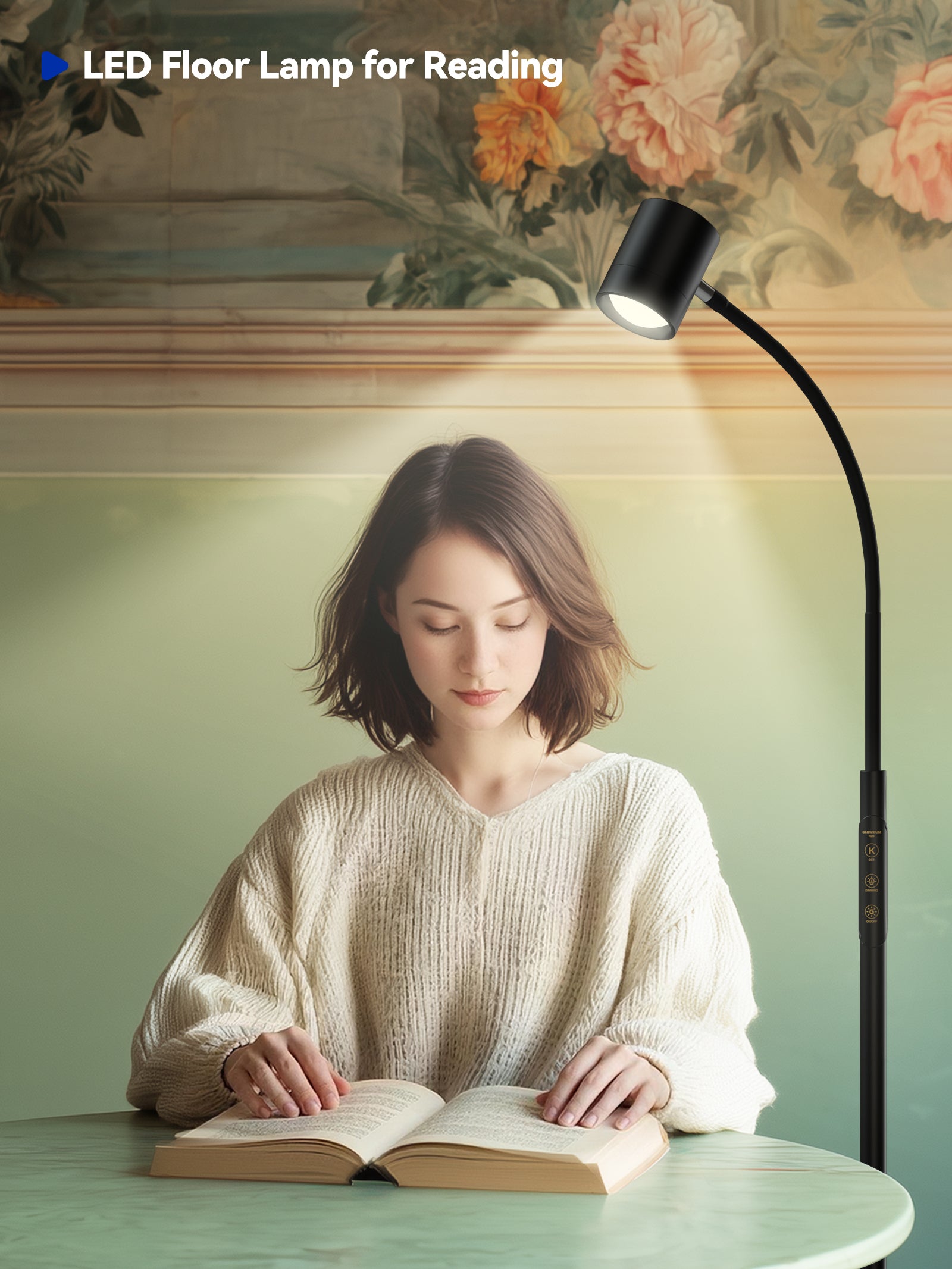GLOWRIUM 12W LED Reading Floor Lamp H2B – 62" Tall, Dimmable Brightness &amp; Color Temperature, Adjustable Gooseneck Touch Control, Suitable for Living Room, Bedroom, and Home Office