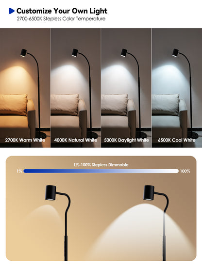 GLOWRIUM 12W LED Reading Floor Lamp H2B – 62" Tall, Dimmable Brightness &amp; Color Temperature, Adjustable Gooseneck Touch Control, Suitable for Living Room, Bedroom, and Home Office