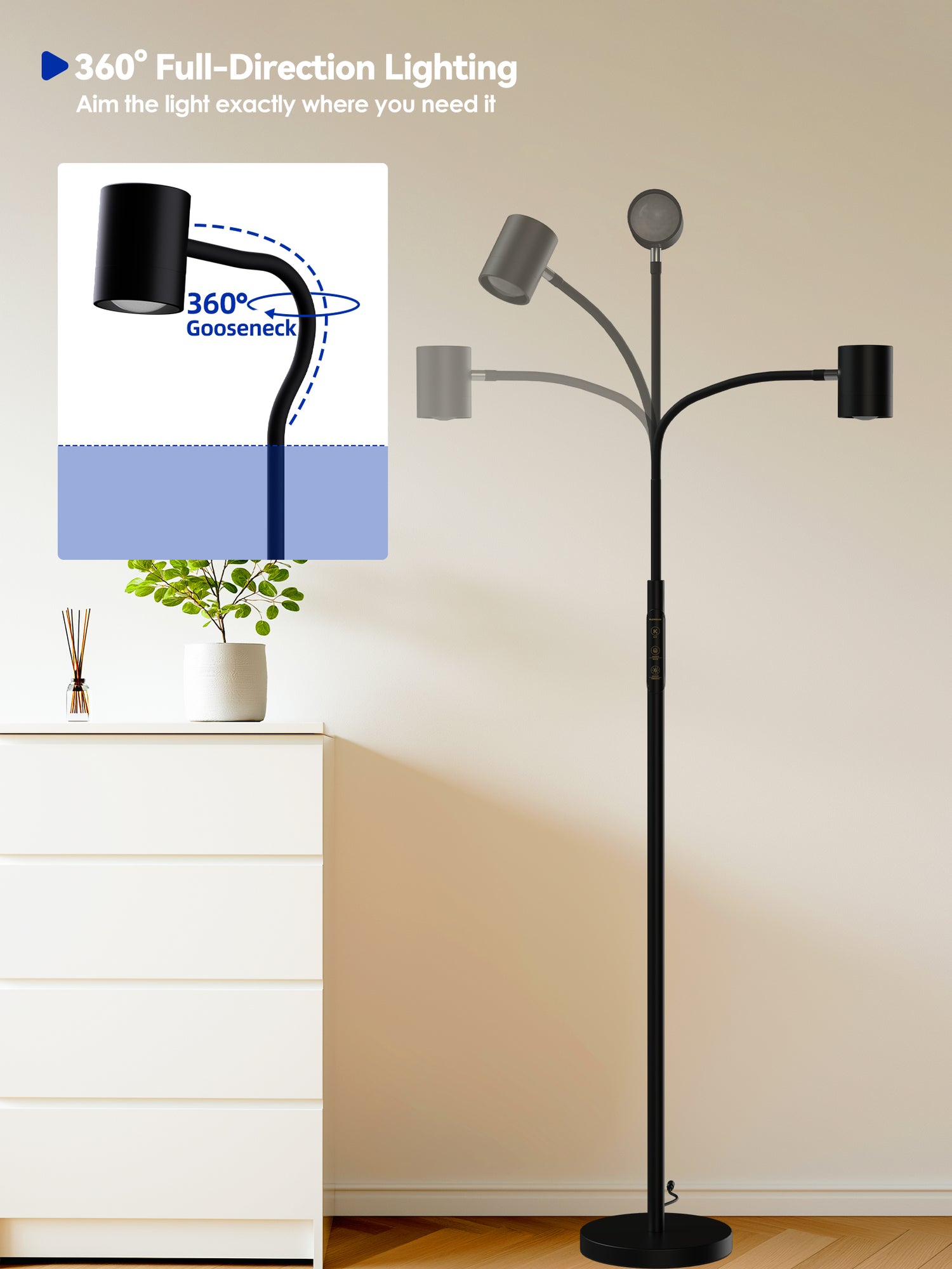 GLOWRIUM 12W LED Reading Floor Lamp H2B – 62" Tall, Dimmable Brightness &amp; Color Temperature, Adjustable Gooseneck Touch Control, Suitable for Living Room, Bedroom, and Home Office