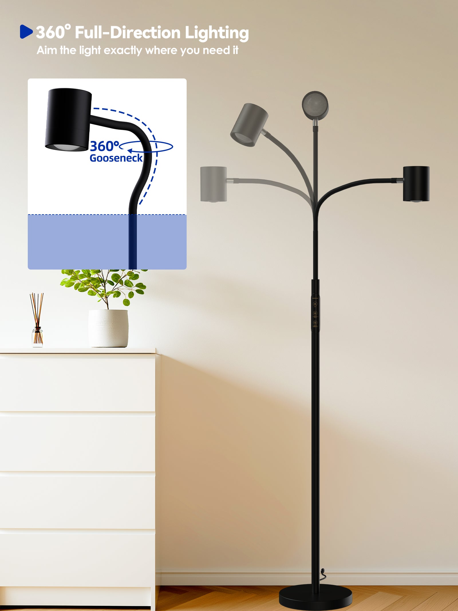 GLOWRIUM 12W LED Reading Floor Lamp H2B – 62" Tall, Dimmable Brightness &amp; Color Temperature, Adjustable Gooseneck Touch Control, Suitable for Living Room, Bedroom, and Home Office