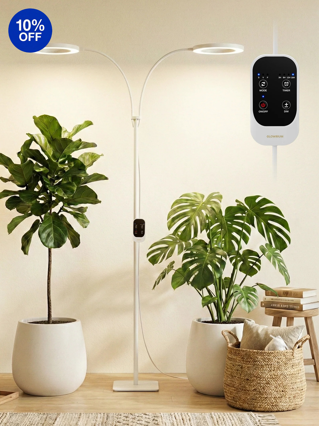 White dual head Glowrium G2 Pro floor grow light for large plants
