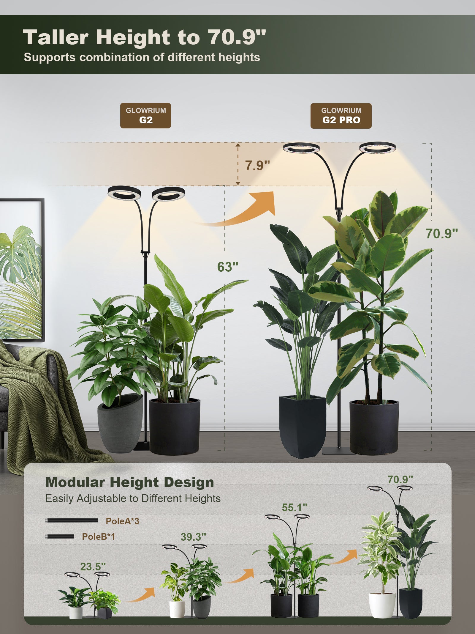 Glowrium G2 Pro adjustable height floor plant light up to 70.9 inches