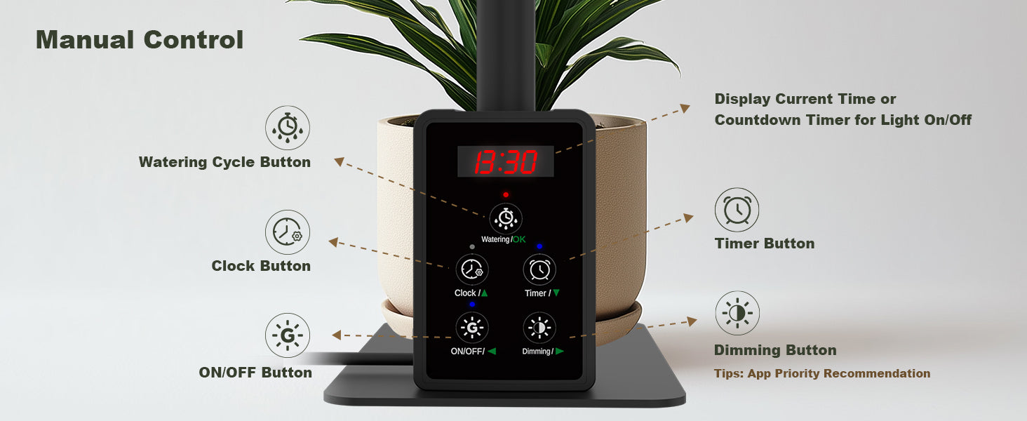 Glowrium G4 manual control panel with digital time display, watering cycle, timer, and dimming buttons