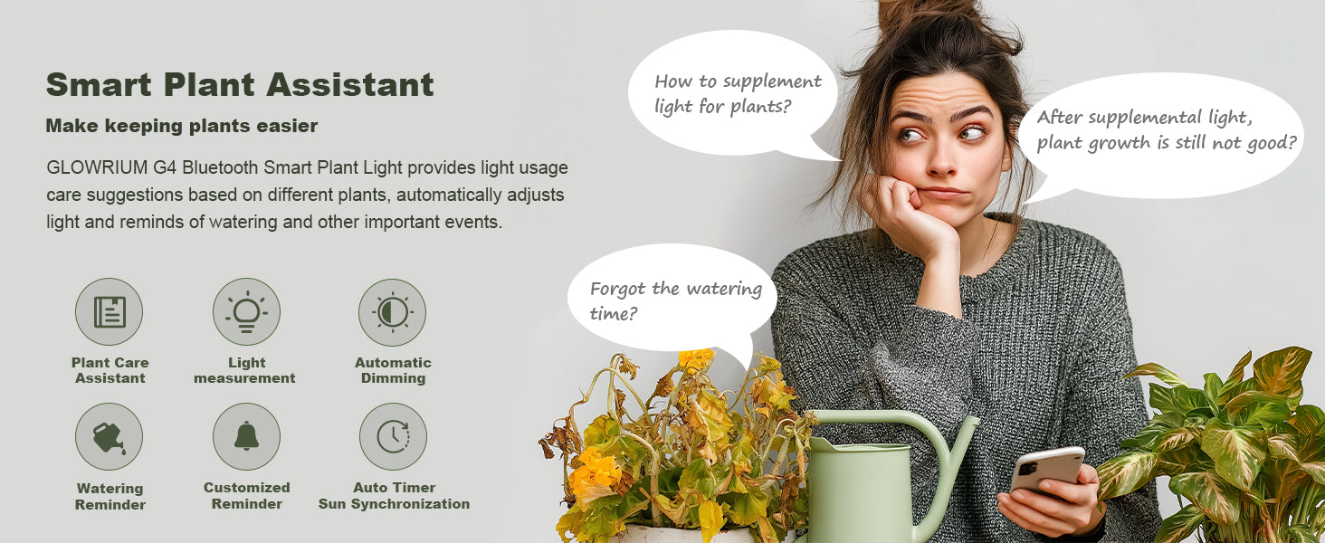 Glowrium G4 Bluetooth smart plant light featuring light measurement, auto dimming, and customized reminders
