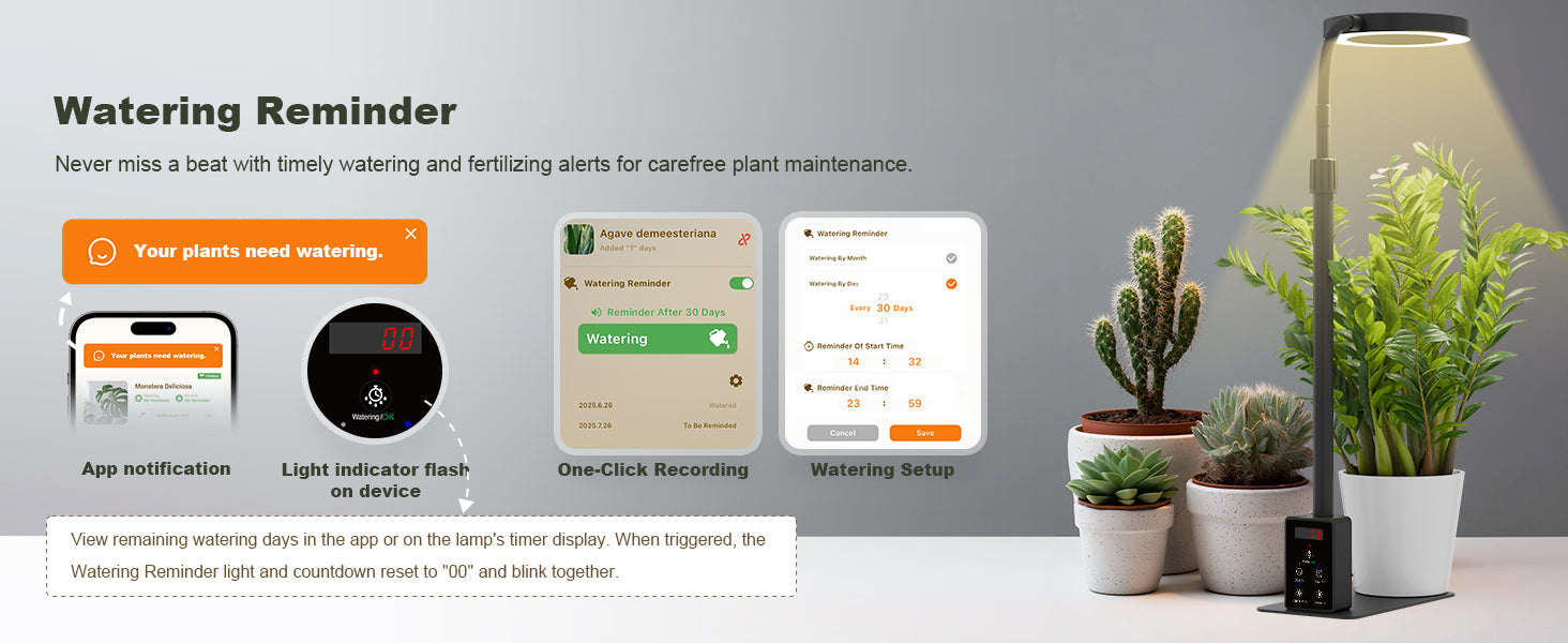 Glowrium G4 smart grow light watering reminder showing app notification and flash on device indicator