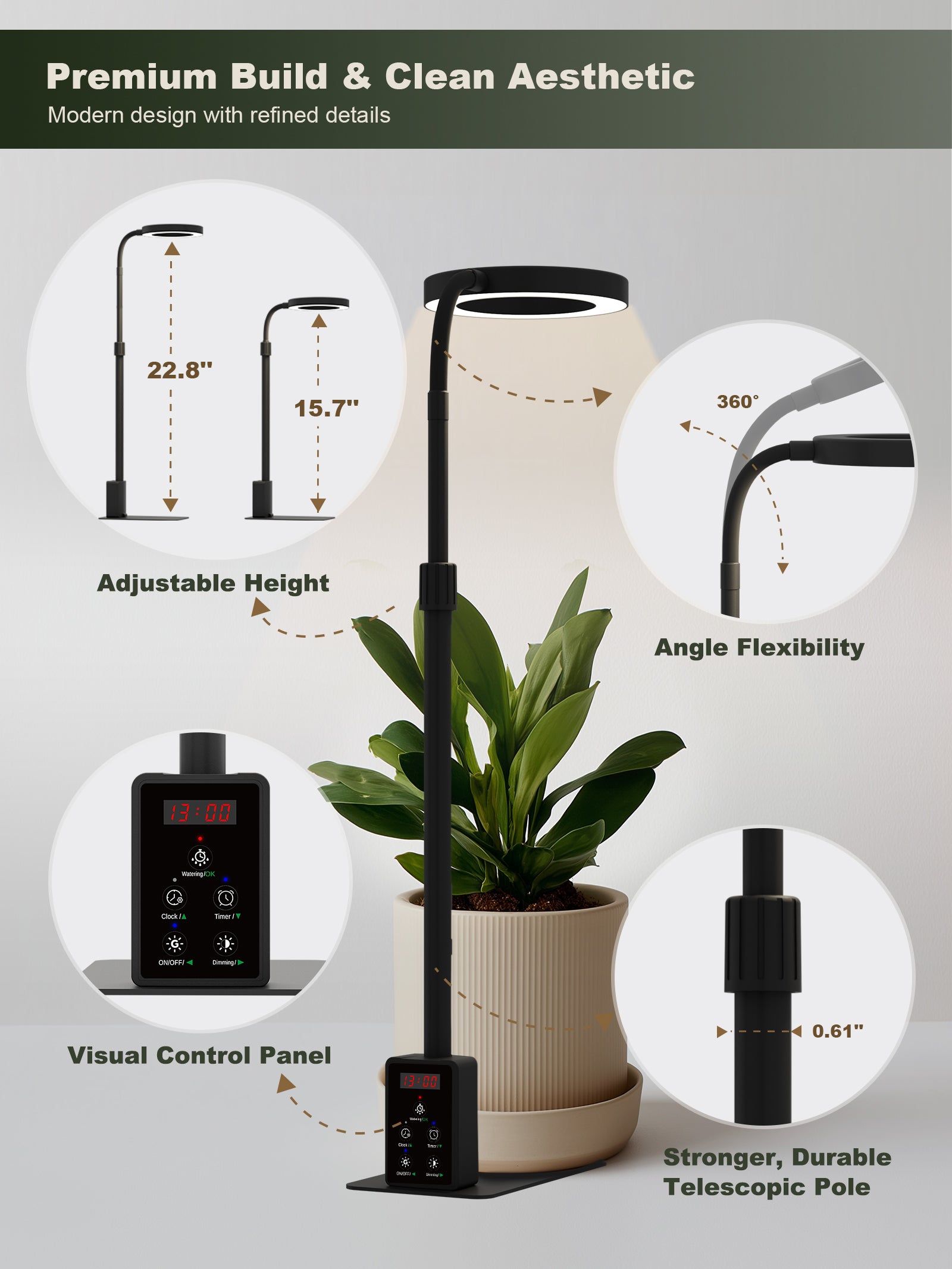 Glowrium G4 adjustable height plant light with 360-degree angle flexibility and visual control panel