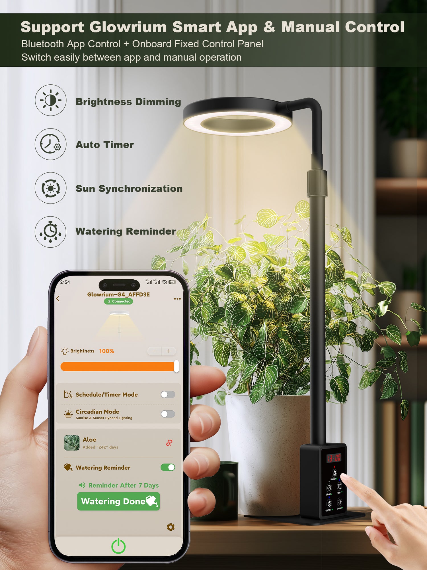Glowrium G4 auto timer, sun synchronization, and watering reminder interface