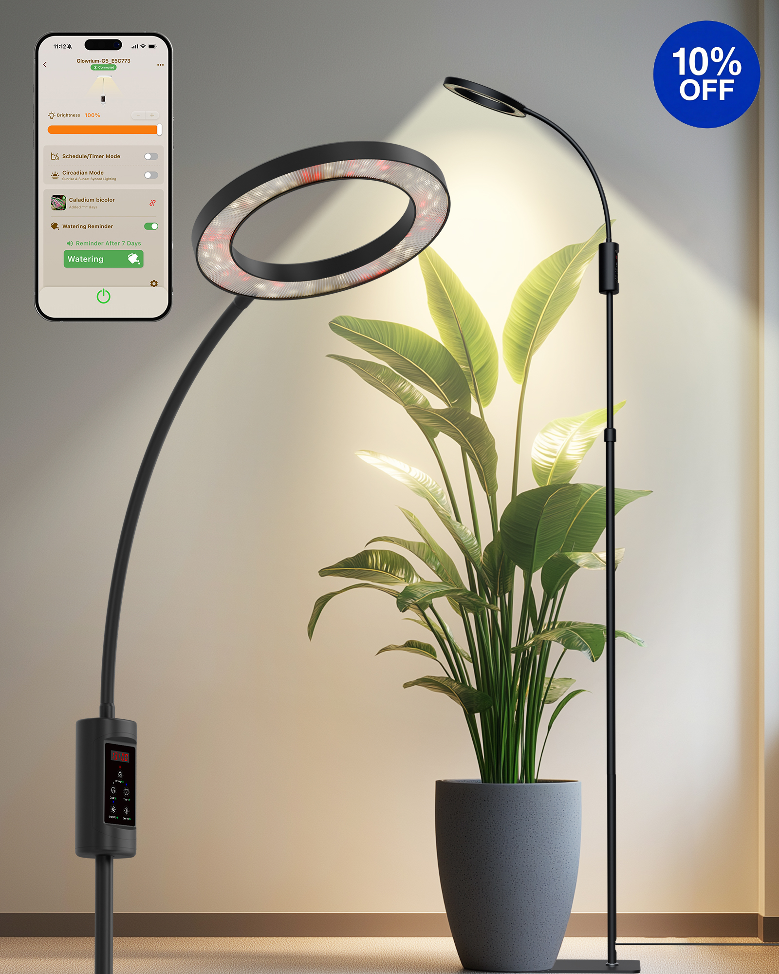 GLOWRIUM G5 24W Single Head Black Smart Full Spectrum LED Floor Grow Light