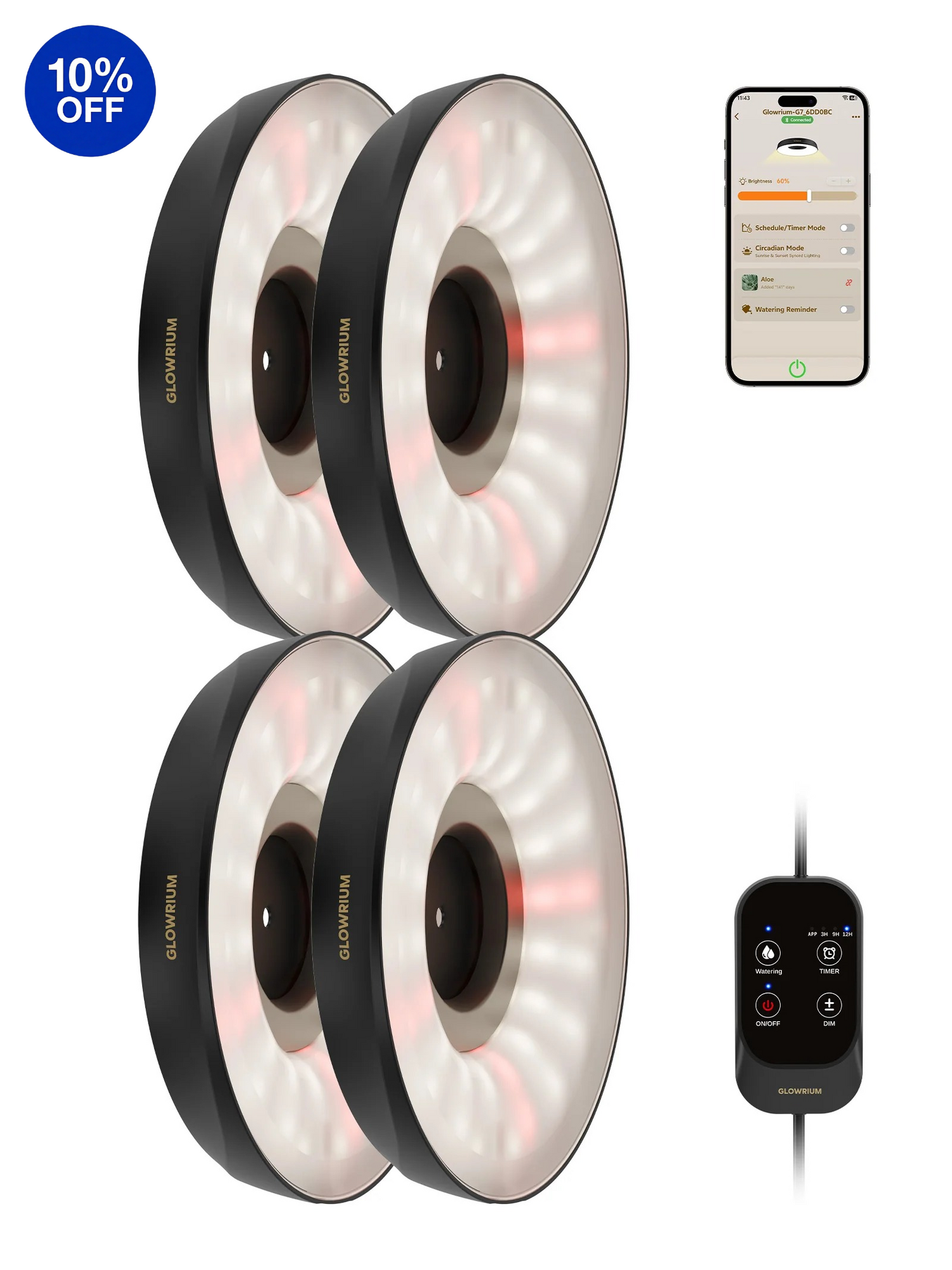 Glowrium G7 32W black 4-pack smart full spectrum LED puck grow light for indoor plant shelf