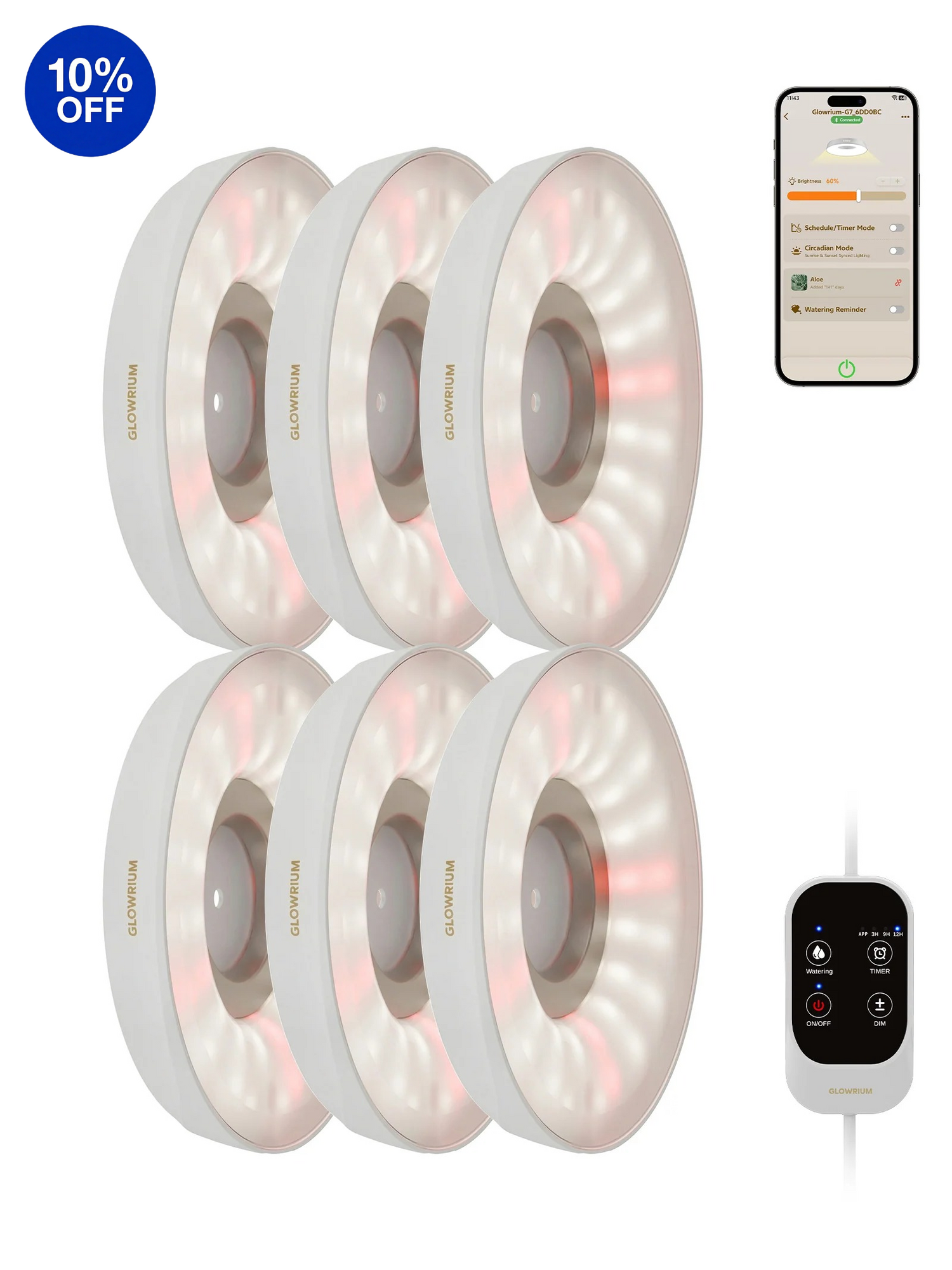 Glowrium G7 48W white 6-pack smart full spectrum LED puck grow light for indoor plant shelf