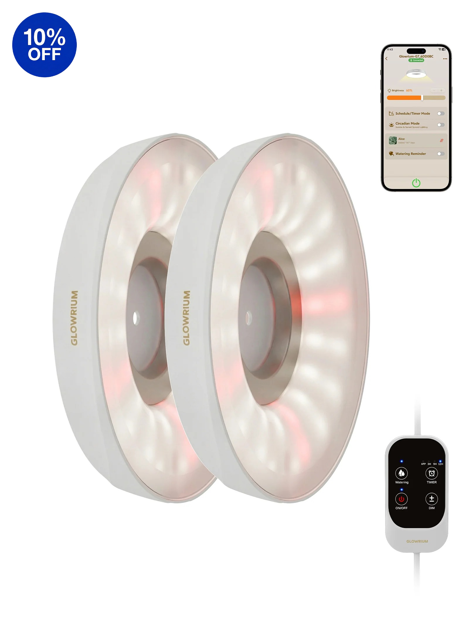 Glowrium G7 16W white 2-pack smart full spectrum LED puck grow light for indoor plant shelf