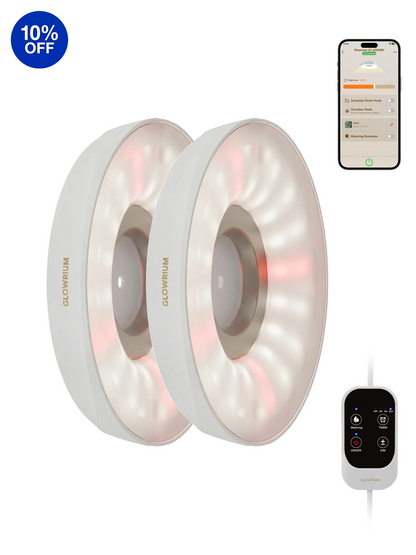 Glowrium G7 16W white 2-pack smart full spectrum LED puck grow light for indoor plant shelf