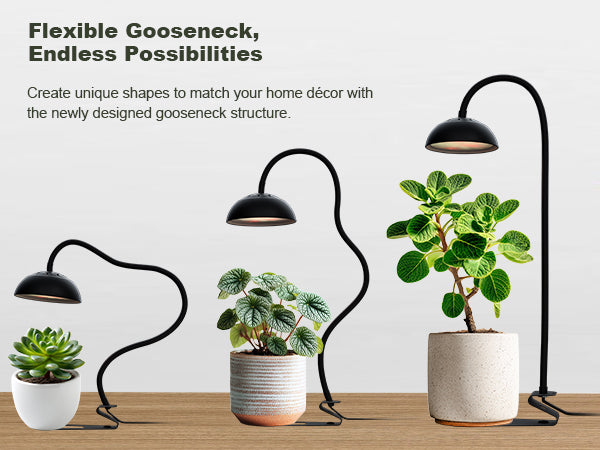Glowrium G8 desk plant light adjustably positioning its full-spectrum lamp head low over small succulents and taller potted indoor houseplants