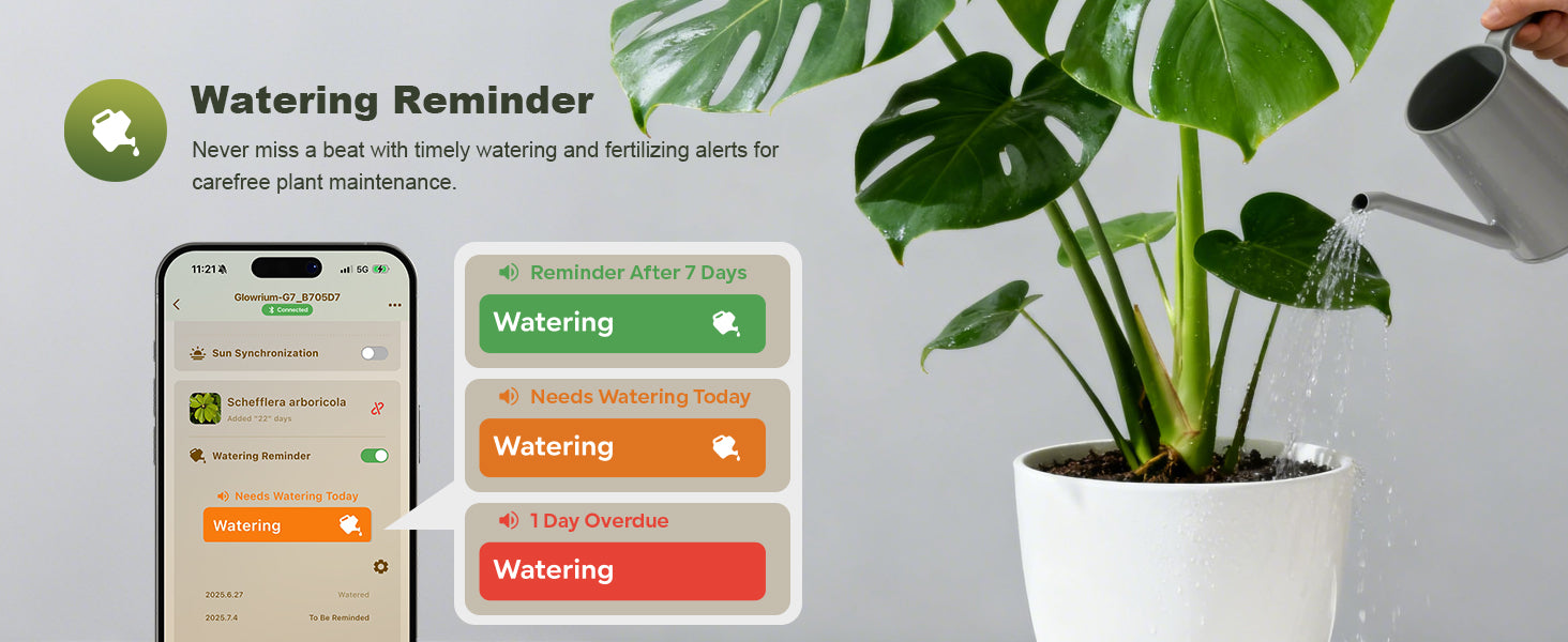 Glowrium G8 desktop LED grow light features mobile app watering reminders with alerts for timely plant maintenance and fertilizing schedule