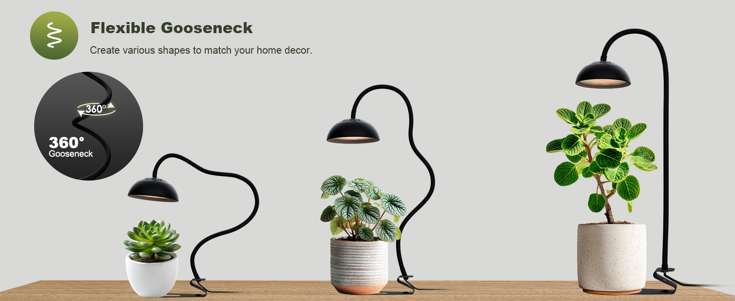 Glowrium G8 smart desktop grow light diagram detailing the 360-degree flexible gooseneck structure bent into diverse heights and positions