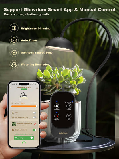 Glowrium G8 10W desktop grow light featuring dual controls via manual inline controller and Bluetooth smartphone app for brightness dimming, auto timers, and sunrise or sunset synchronization