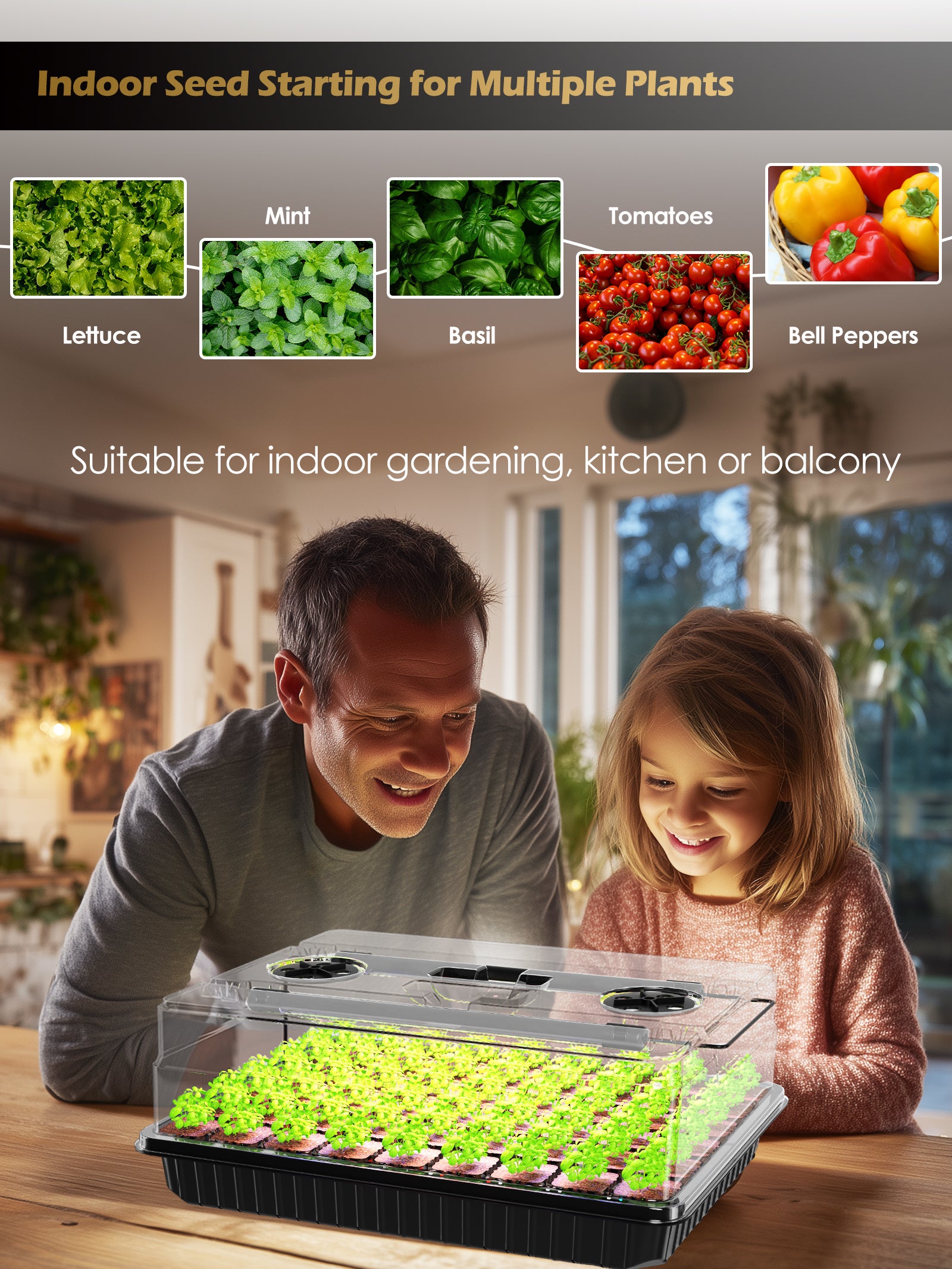 Fresh seedlings such as Lettuce, Mint, Basil, Tomatoes, and Bell Peppers is growing in Glowrium G9 seed starter kit 