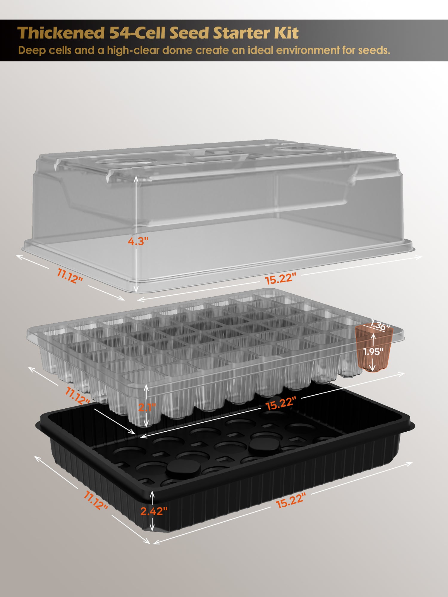 Glowrium G9 thickened 54 cell seed starter kit with detailed dome and tray dimensions