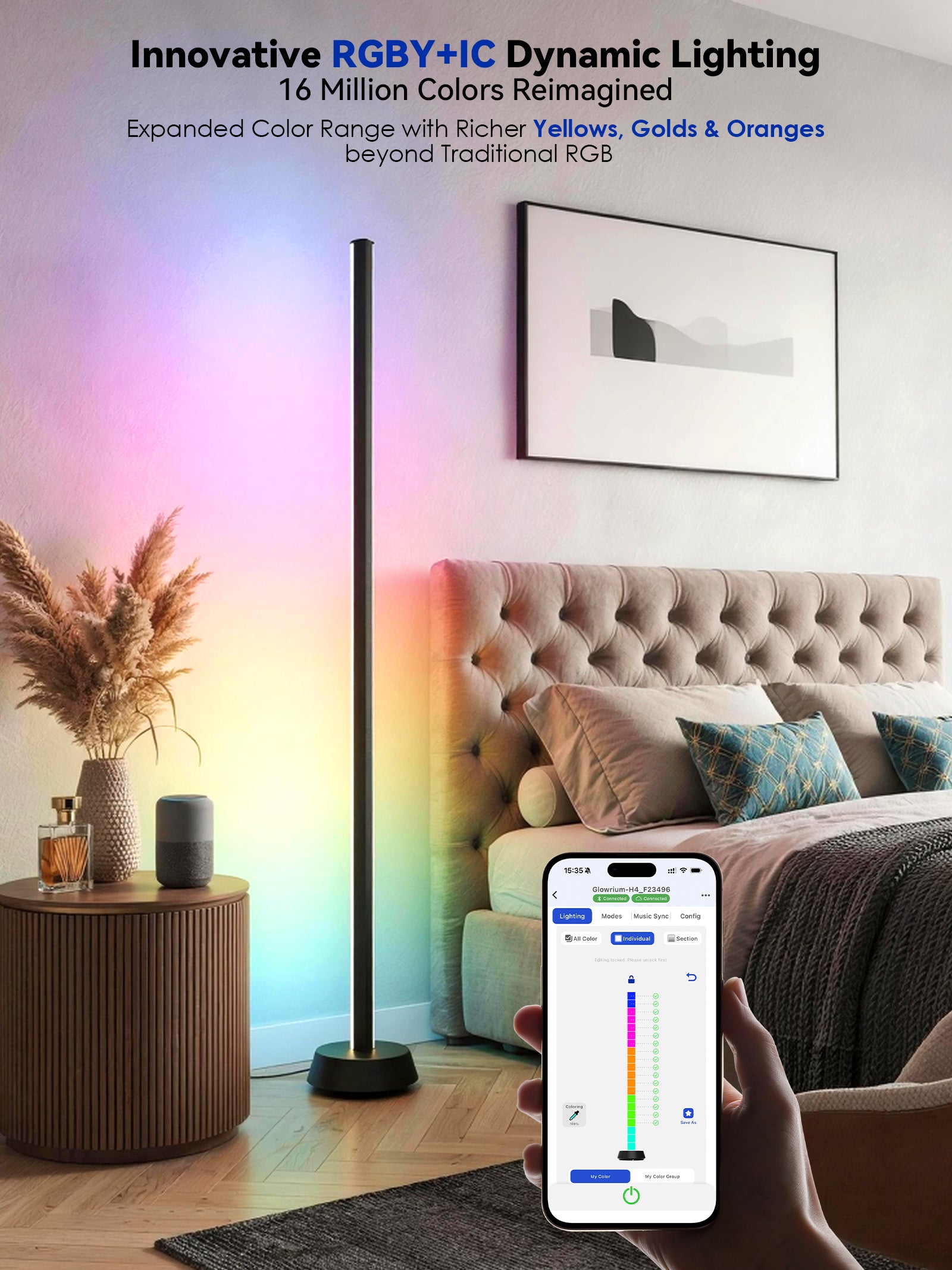 GLOWRIUM® H4 Smart LED Corner Floor Lamp – RGB+IC Color Effects, Alexa &amp; App Control, Dimmable Ambient Lighting for Gaming Rooms &amp; Living Spaces